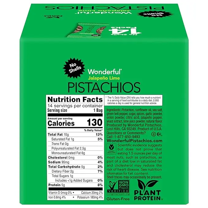 14 Pack Wonderful Pistachios No Shells, Jalapeño Lime