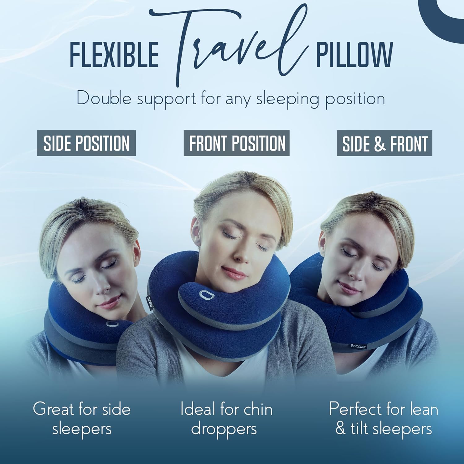 BCOZZY Travel Neck Pillow for Airplane – Patented Double Support for Head, Neck, and Chin. Best for Long Flights, Plane Sleeping, and Car Rides. Adjustable Size. Fully Washable. Carry Bag. Large, Gray - Image 2