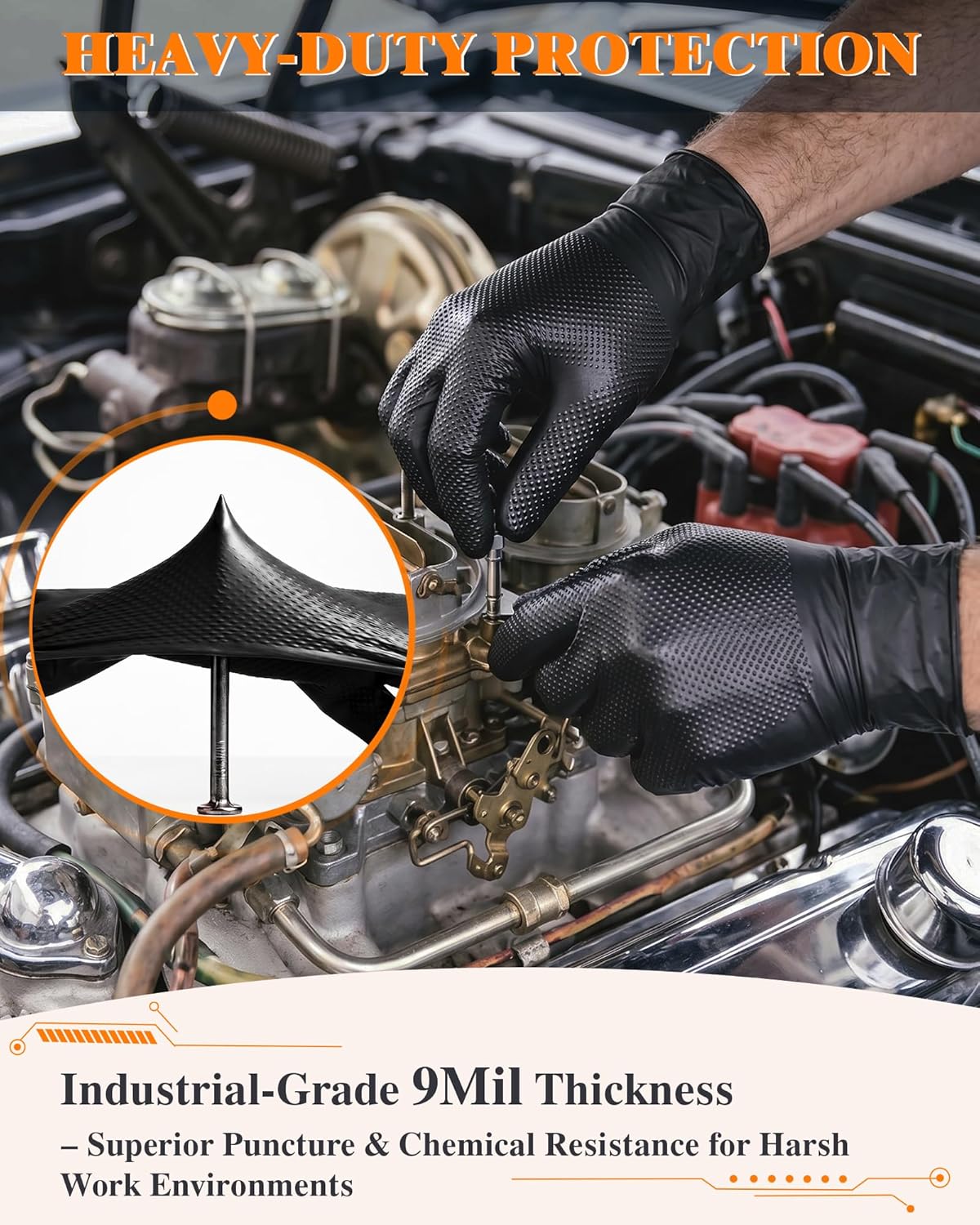 wcy Black 9 Mil Heavy Duty Nitrile Gloves XL, 800 Counts, Diamond Texture, Latex & Powder Free, Chemical Resistant Disposable Rubber Gloves for Mechanics, Automotive, Industrial & Food Handling - Image 4
