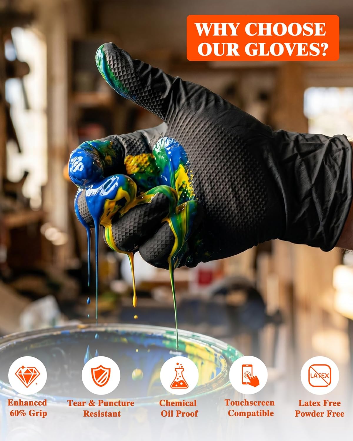 wcy Black 9 Mil Heavy Duty Nitrile Gloves XL, 800 Counts, Diamond Texture, Latex & Powder Free, Chemical Resistant Disposable Rubber Gloves for Mechanics, Automotive, Industrial & Food Handling - Image 5