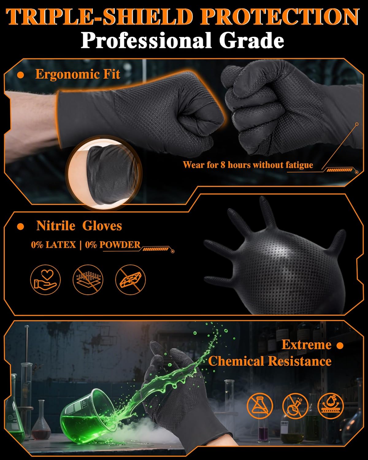 wcy Black 9 Mil Heavy Duty Nitrile Gloves XL, 800 Counts, Diamond Texture, Latex & Powder Free, Chemical Resistant Disposable Rubber Gloves for Mechanics, Automotive, Industrial & Food Handling - Image 8