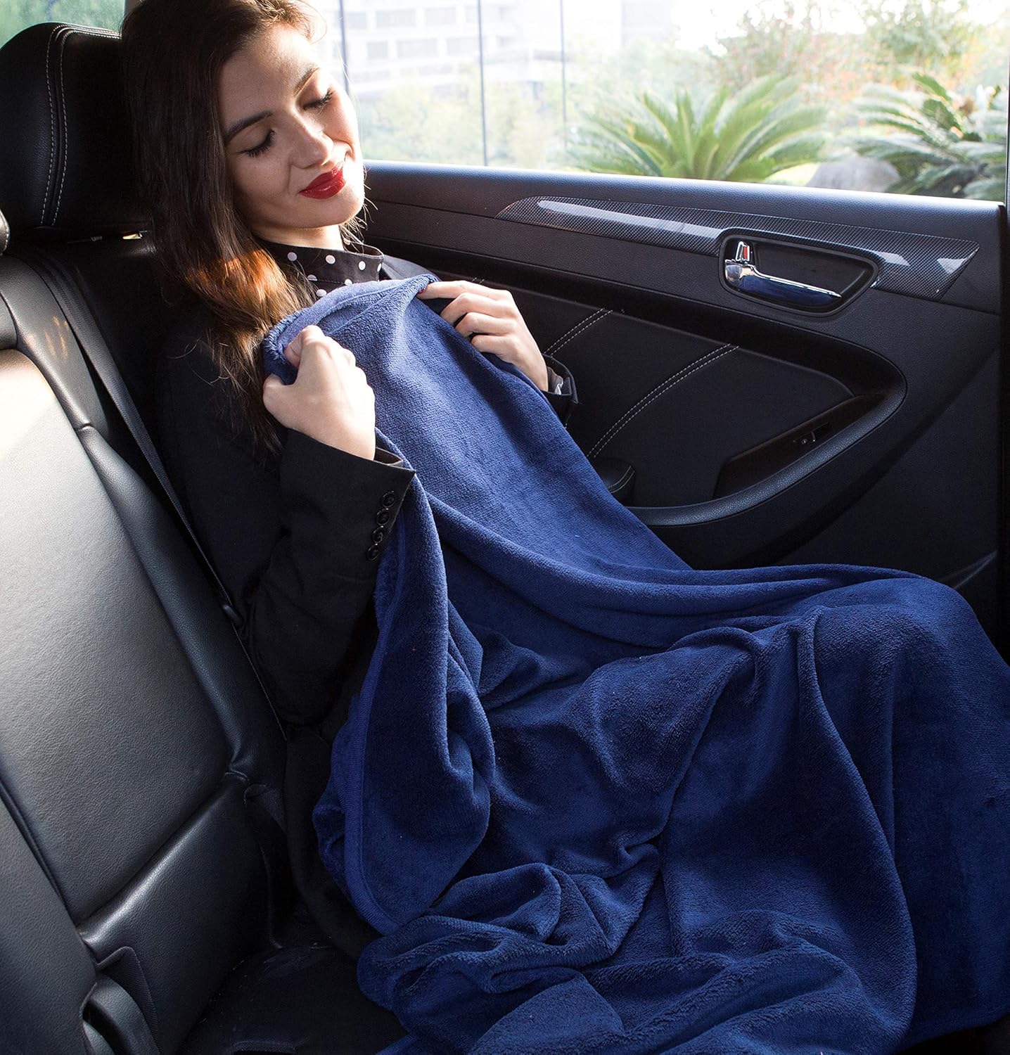BlueHills Premium Soft Long Travel Blanket Pillow for Tall Airplane Flight Blanket Throw Luggage Belt & Backpack Clip Compact Packable Car Large 2 in 1 Combo Warm Gifts Navy Blue T051 - Image 4