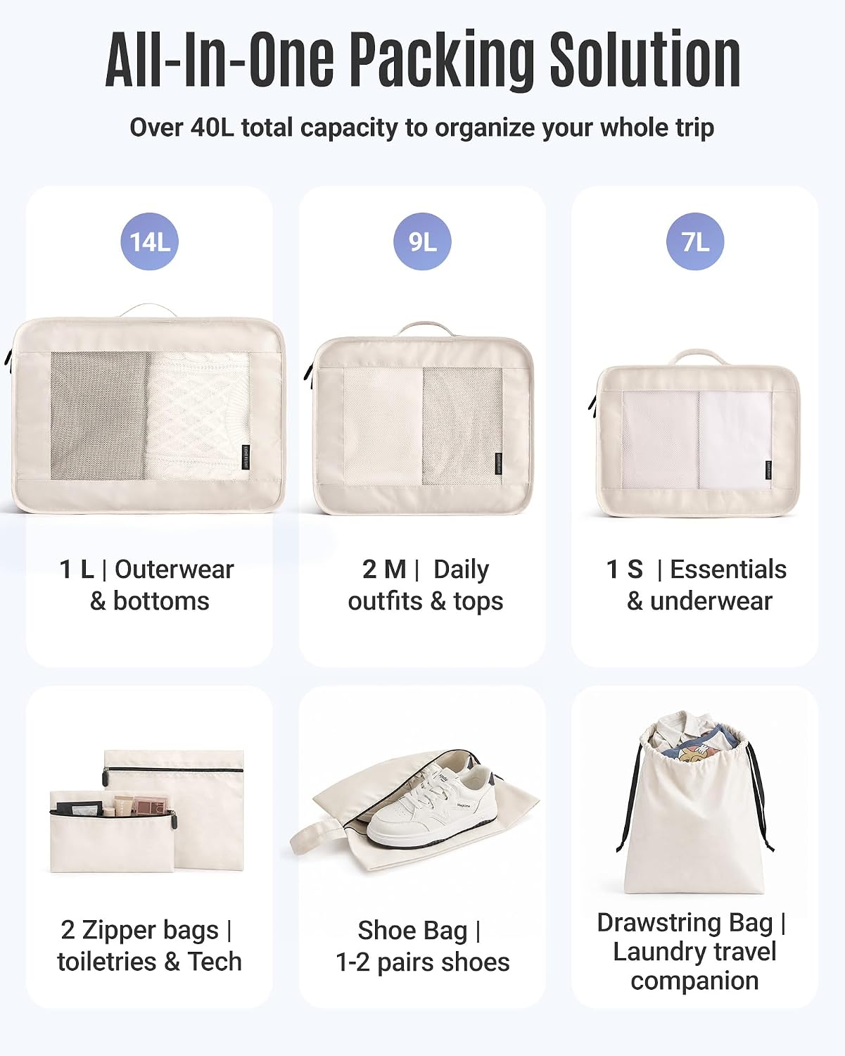 LIGHT FLIGHT 8 Set Packing Cubes for Travel, Durable Travel Essentials for Cruish Ship, Suitcase Organizer Packing Bags (8-Pack 1L+2M+1S+1Shoe bag+2Toiletry Bags+1Laundry Bag) - Image 4