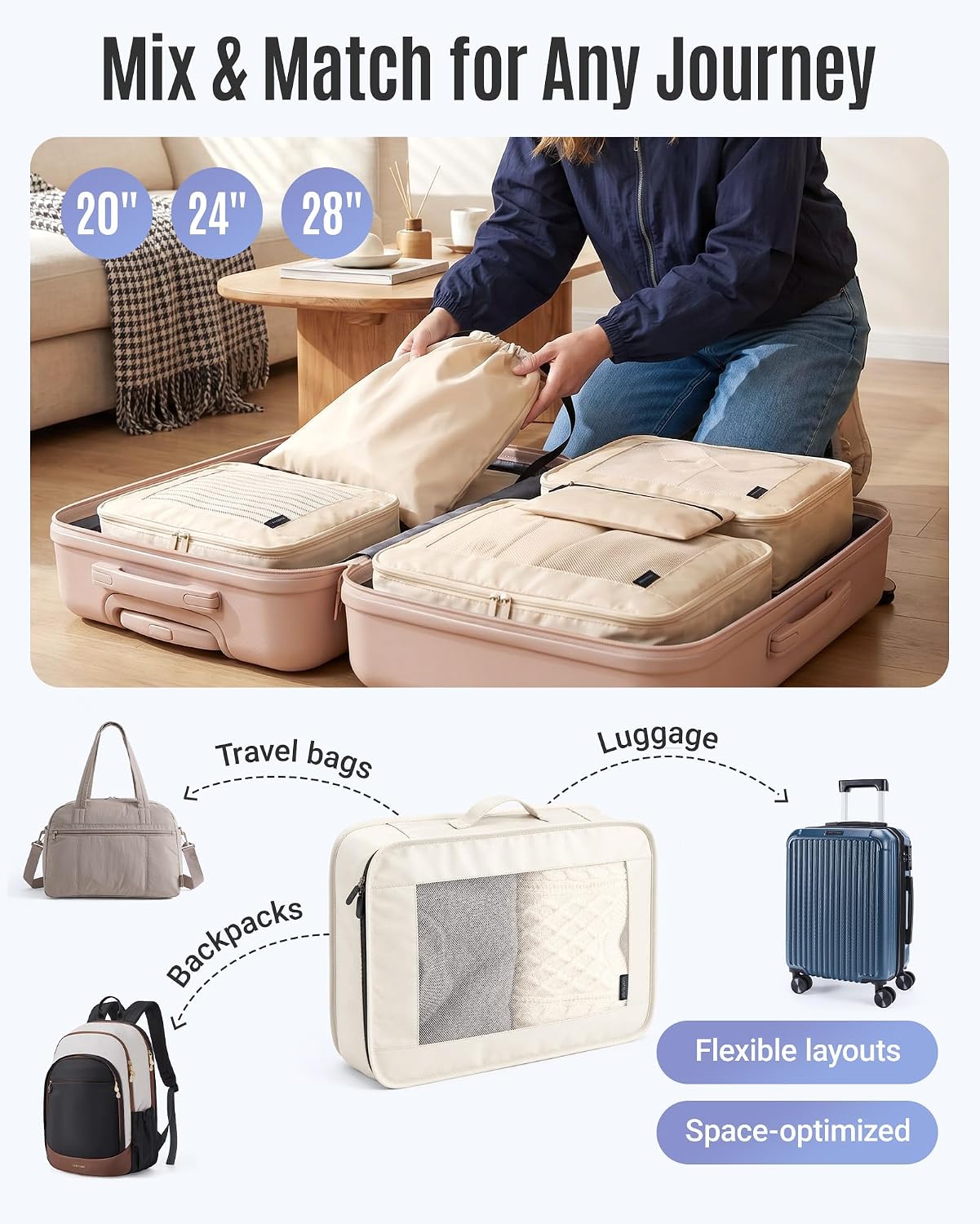 LIGHT FLIGHT 8 Set Packing Cubes for Travel, Durable Travel Essentials for Cruish Ship, Suitcase Organizer Packing Bags (8-Pack 1L+2M+1S+1Shoe bag+2Toiletry Bags+1Laundry Bag) - Image 5