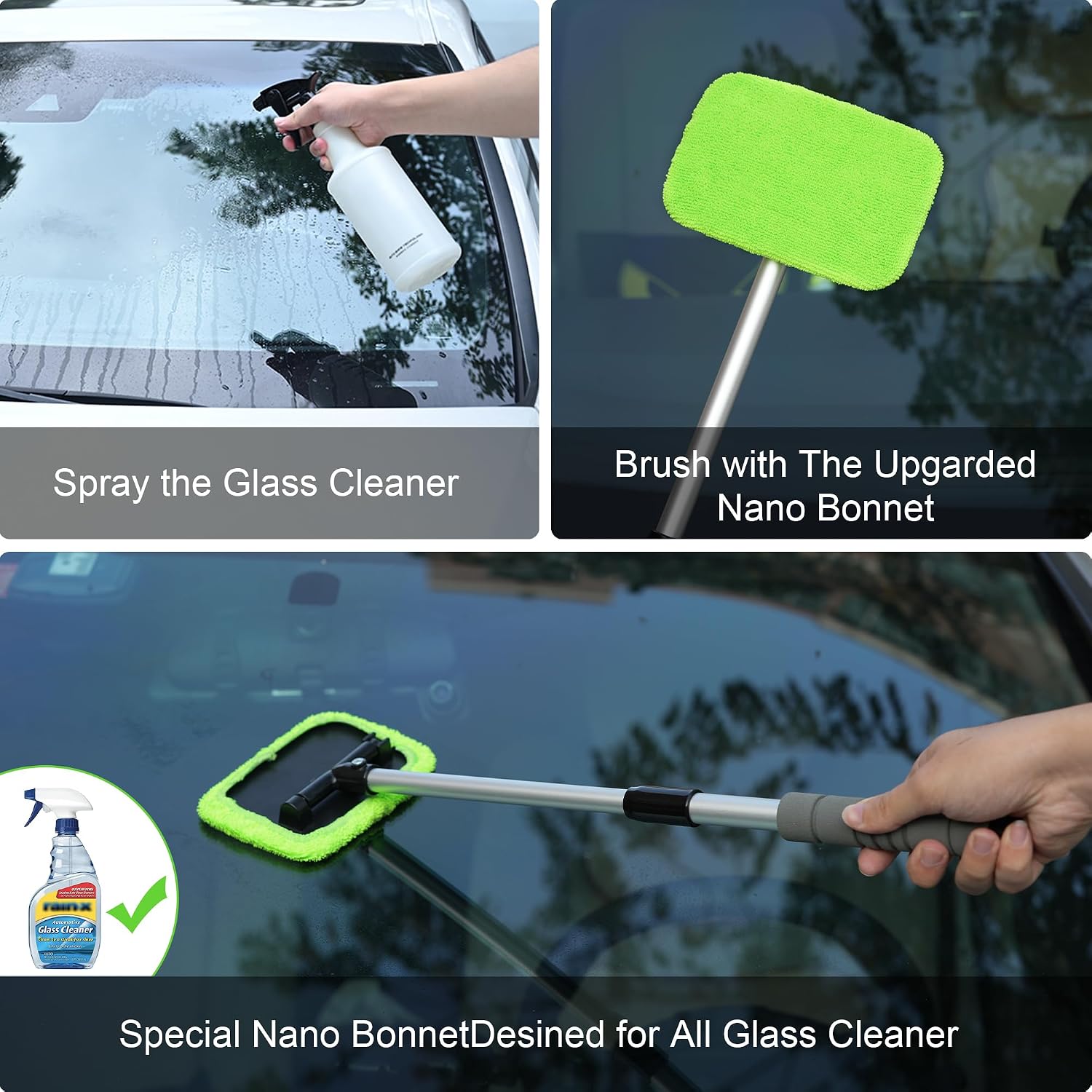 XINDELL Windshield Cleaner Tool – Car Window Cleaning Tool 22inch Extendable Long Handle for Easy Cleaning, 9pcs Reusable Microfiber Pads, Streak-Free Interior & Exterior Auto Glass Cleaner (Green) - Image 4