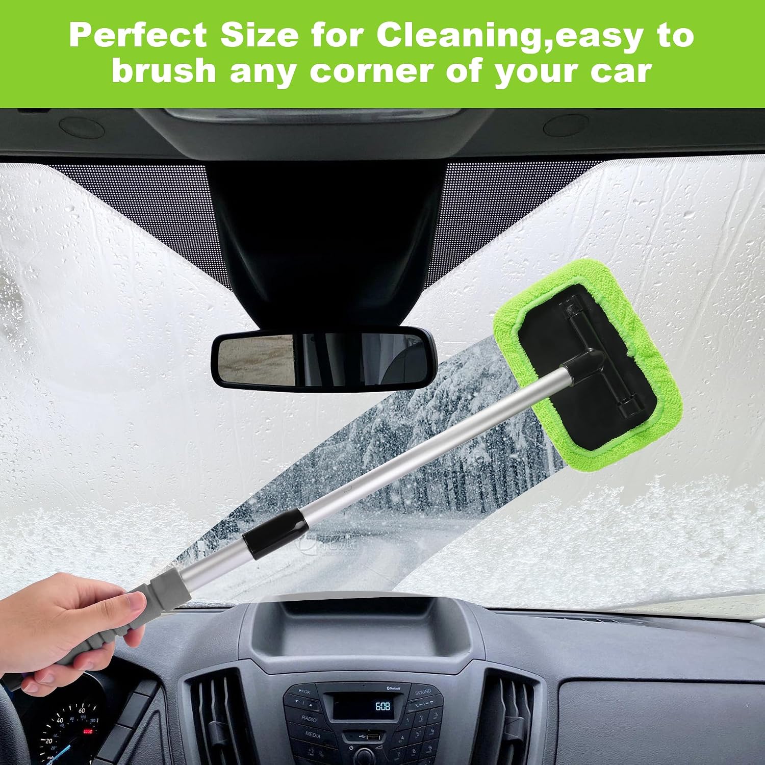 XINDELL Windshield Cleaner Tool – Car Window Cleaning Tool 22inch Extendable Long Handle for Easy Cleaning, 9pcs Reusable Microfiber Pads, Streak-Free Interior & Exterior Auto Glass Cleaner (Green) - Image 5