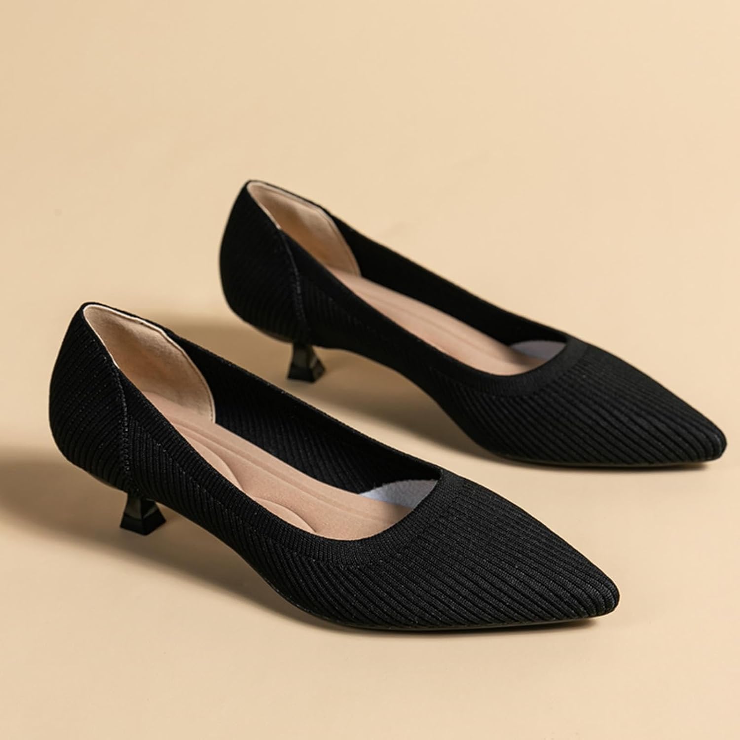 youngshow Women's Pumps Kitten Heels Pointed Toe Knit Slip On Comfortable Casual Formal Dress Shoes - Image 5