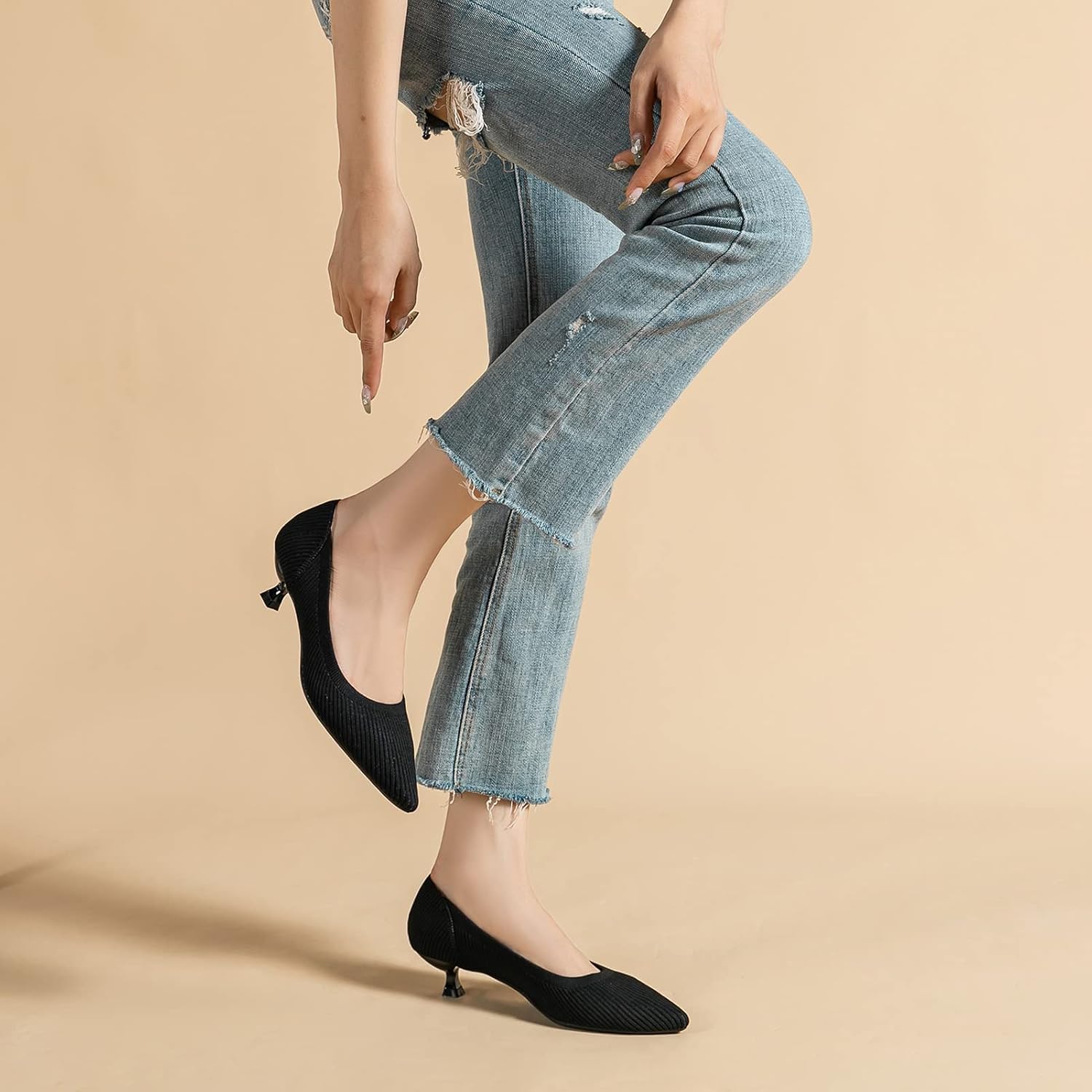 youngshow Women's Pumps Kitten Heels Pointed Toe Knit Slip On Comfortable Casual Formal Dress Shoes - Image 6