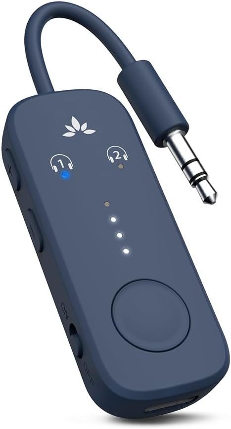 Avantree Relay – Airplane Bluetooth Adapter for 2 AirPods or Headphones | Future-Proof Firmware Upgradable, Qualcomm aptX Adaptive, 25H Battery, 3.5mm AUX Transmitter for Flight Travel & Gym