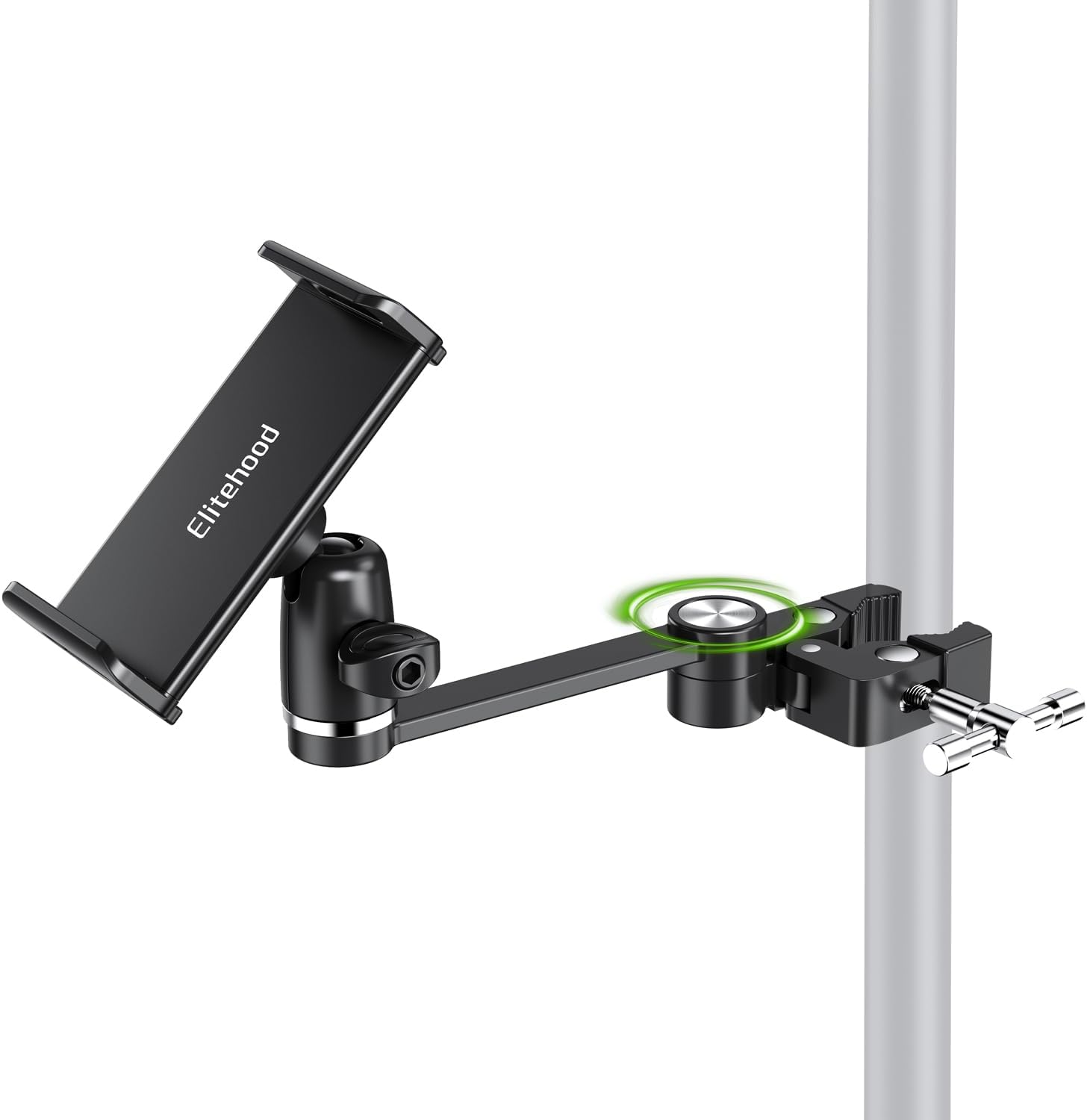 elitehood 8.5in Long Arm iPad Holder for Mic Stand, 360° Adjustable Aluminum Mic Stand Tablet Holder for Microphone & Stage Music, iPad Mount Compatible with 4-13in Tablets, iPhone and Phones