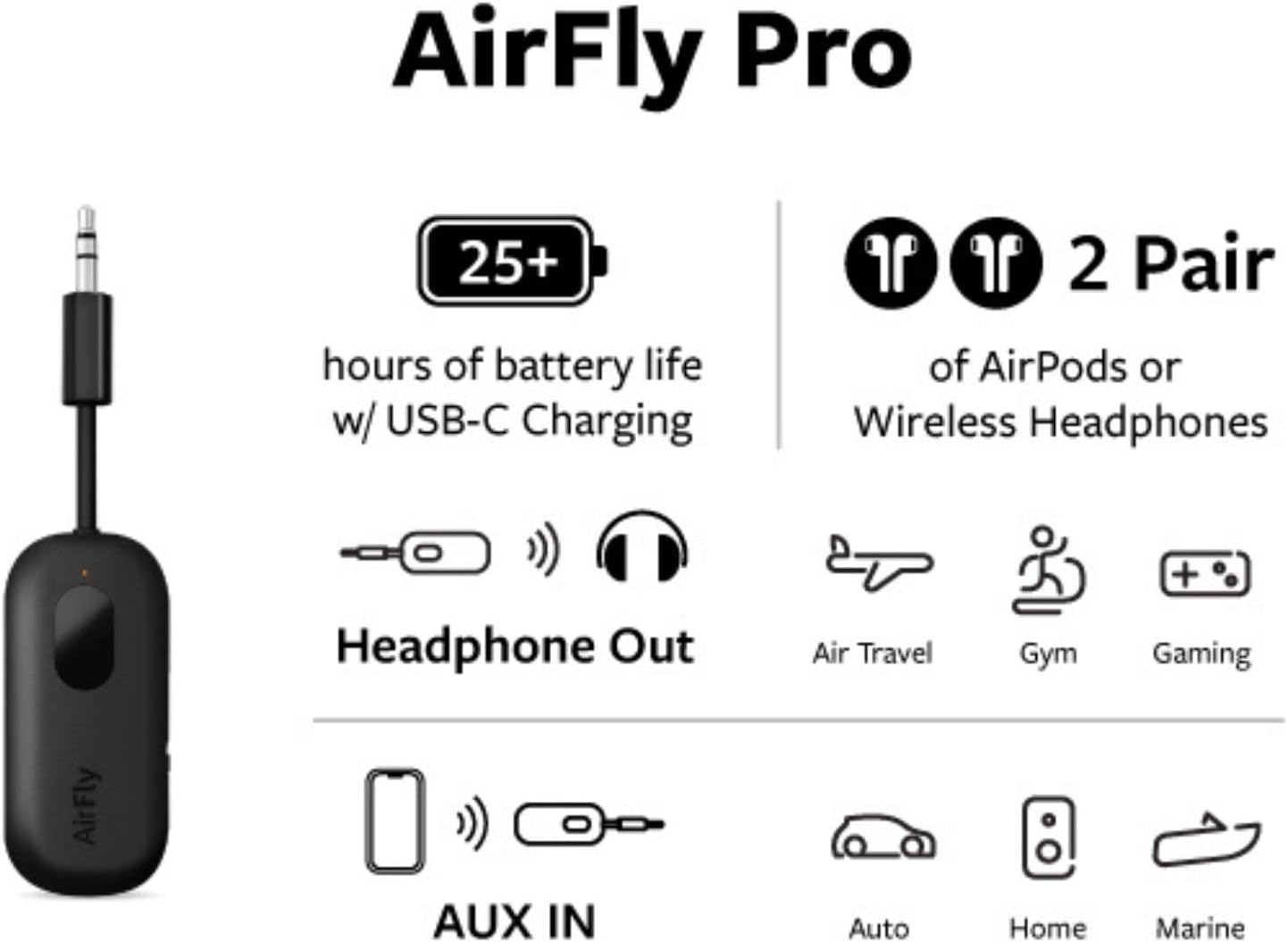 Twelve South AirFly Pro Bluetooth Wireless Audio Transmitter/Receiver for up to 2 AirPods/Wireless Headphones; Use with Any 3.5 mm Audio Jack, Black - Image 3