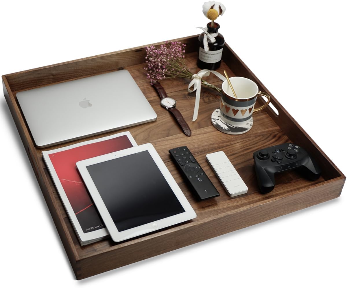 24 x 24 Inches Extra Large Square Black Walnut Wood Ottoman Tray with Handles, Serve Tea, Coffee or Breakfast in Bed, Classic Wooden Decorative Serving Tray - Image 5
