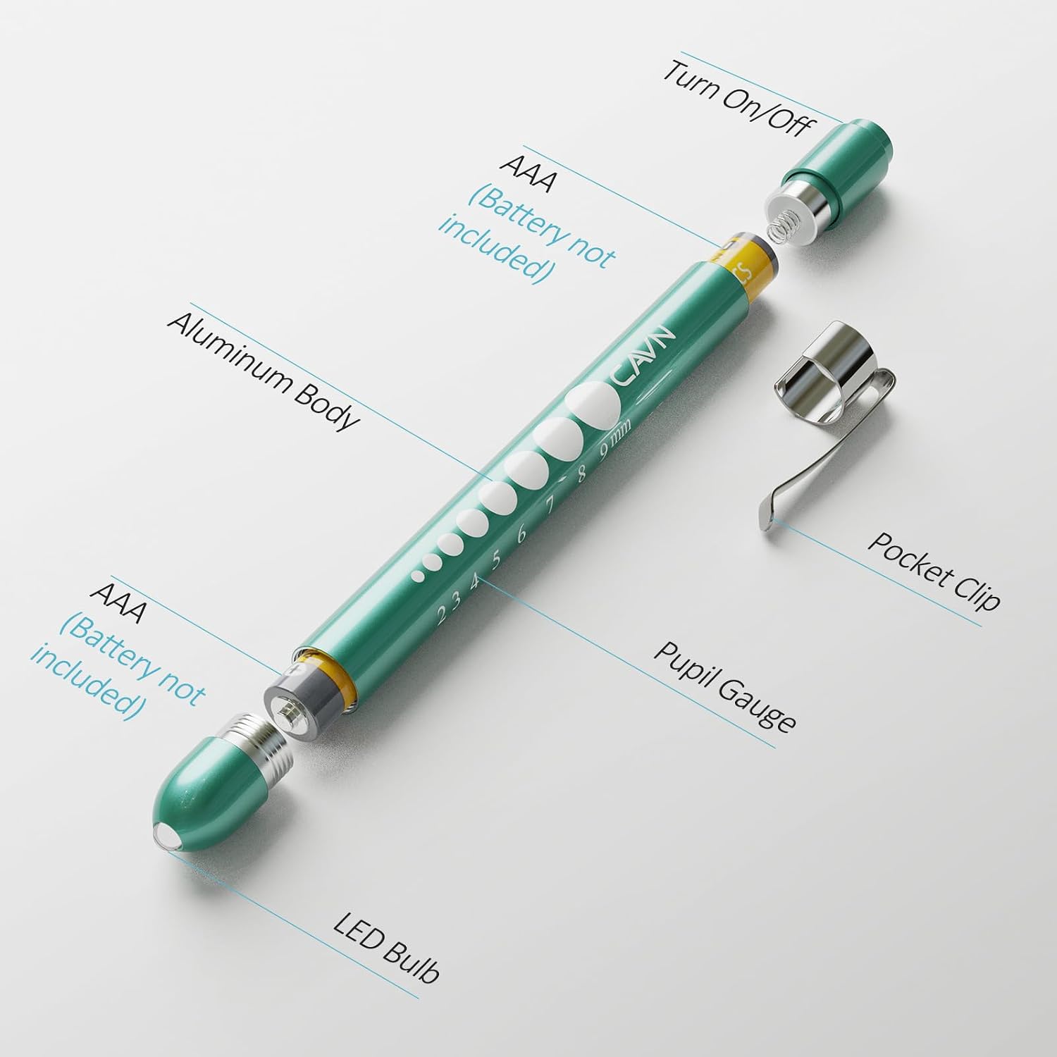 CAVN Pen Light with Pupil Gauge LED Penlight for Nurses Doctors, 2 Pcs Reusable Medical Penlight for Nursing Students (Teal/White) - Image 2
