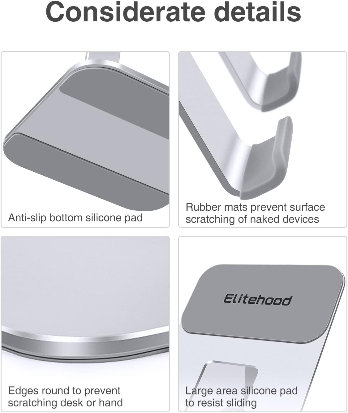 elitehood Aluminum iPad Stand, Adjustable Tablet Holder for Desk, Desktop Tablet Stand Dock for iPad Pro 12.9 11, Air Mini 4 5 and More 4-13.5 inches Tablets, Silver - Image 7