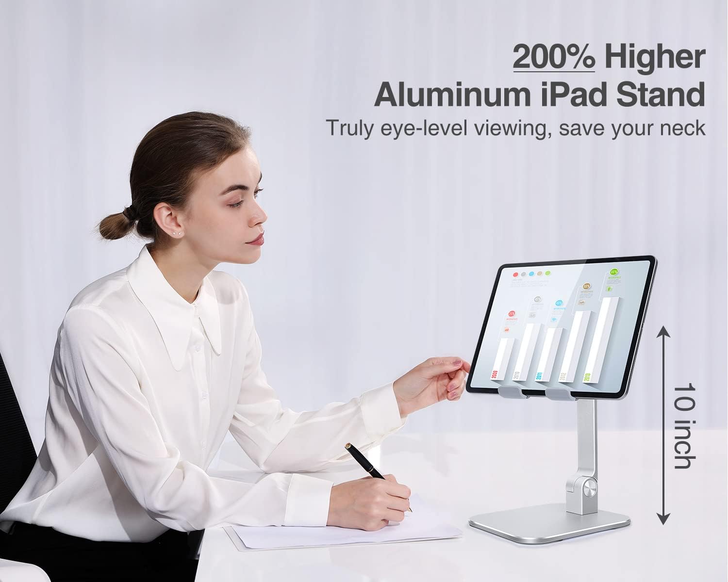 elitehood Aluminum iPad Stand, Adjustable Tablet Holder for Desk, Desktop Tablet Stand Dock for iPad Pro 12.9 11, Air Mini 4 5 and More 4-13.5 inches Tablets, Silver - Image 2