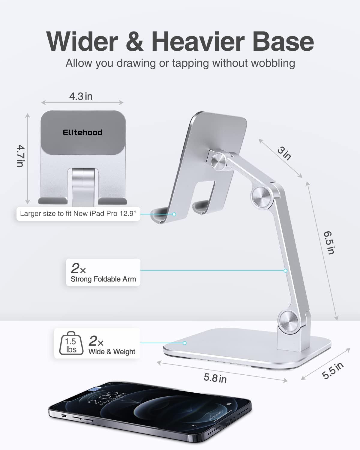 elitehood Aluminum iPad Stand, Adjustable Tablet Holder for Desk, Desktop Tablet Stand Dock for iPad Pro 12.9 11, Air Mini 4 5 and More 4-13.5 inches Tablets, Silver - Image 3