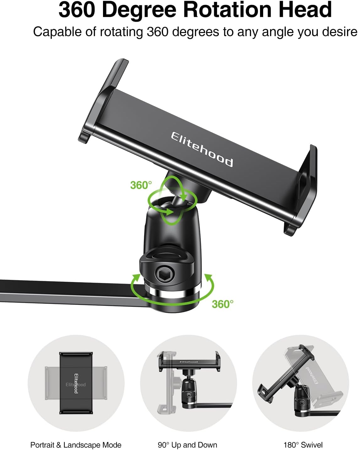 elitehood 8.5in Long Arm iPad Holder for Mic Stand, 360° Adjustable Aluminum Mic Stand Tablet Holder for Microphone & Stage Music, iPad Mount Compatible with 4-13in Tablets, iPhone and Phones - Image 3