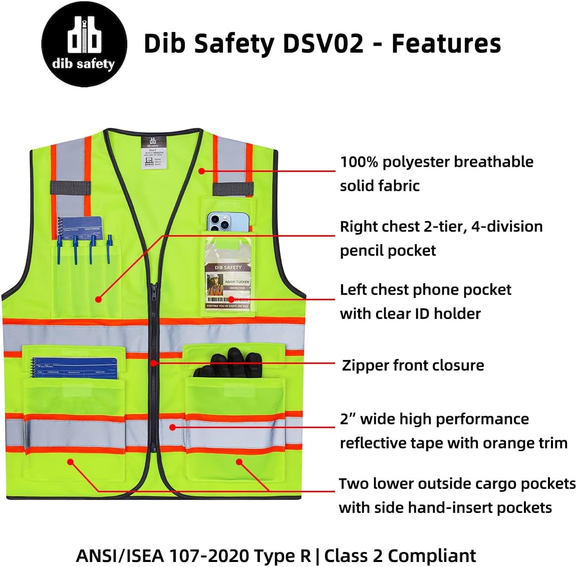 Dib Safety Reflective Vest High Visibility Two Tone with Pockets and Zipper, ANSI Class 2 Compliant, Yellow with Orange Trim XL - Image 4