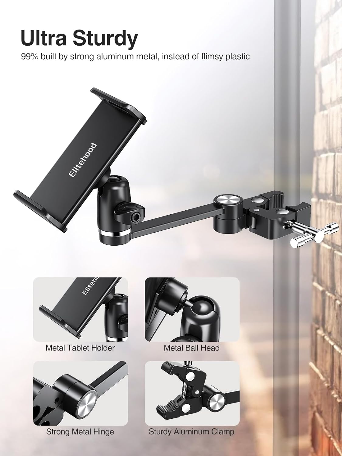 elitehood 8.5in Long Arm iPad Holder for Mic Stand, 360° Adjustable Aluminum Mic Stand Tablet Holder for Microphone & Stage Music, iPad Mount Compatible with 4-13in Tablets, iPhone and Phones - Image 6