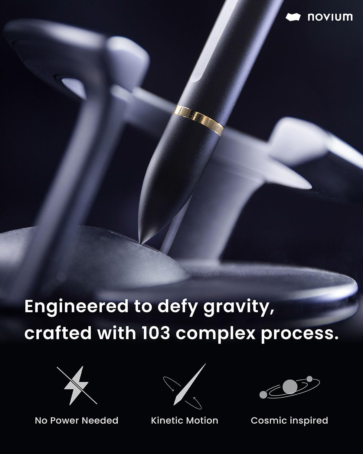 novium Hoverpen Interstellar - Space Black, Ballpoint Pen, 18K Gold-plated Pen Ring, 23.5 Degree Angle, Schmidt Ballpoint Refill, No Spills, No Spotting, No Explosions - Image 2
