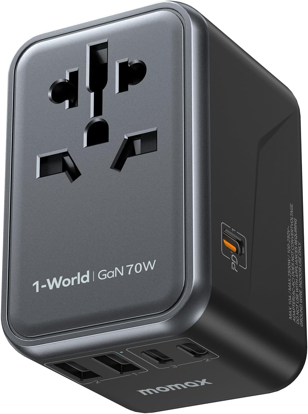 MOMAX Universal Travel Adapter 70W GaN, 3 USB-C PD & 2 USB-A QC, International Power Adapter Outlet, 6-in-1 Wall Charger for Laptop, Phone, European Travel Plug Adapter for UK/US/AUS/JP