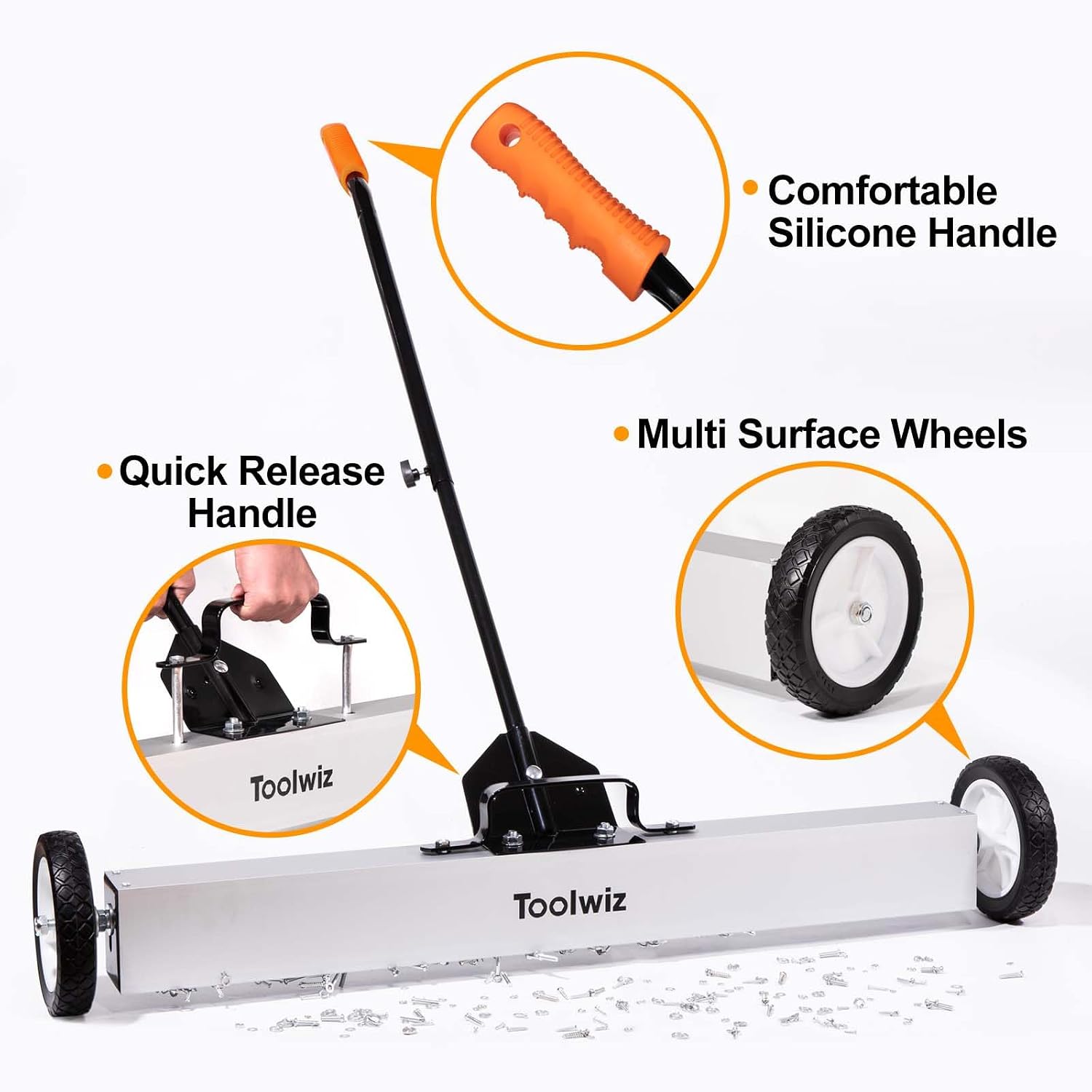 Toolwiz 36'' Magnetic Sweeper with Wheels, 50 Lbs Capacity Rolling Magnetic Floor Sweeper with Telescoping Holder and Quick Release Latch Industrial Heavy Duty Metal Pick Up 36 Inches - Image 5