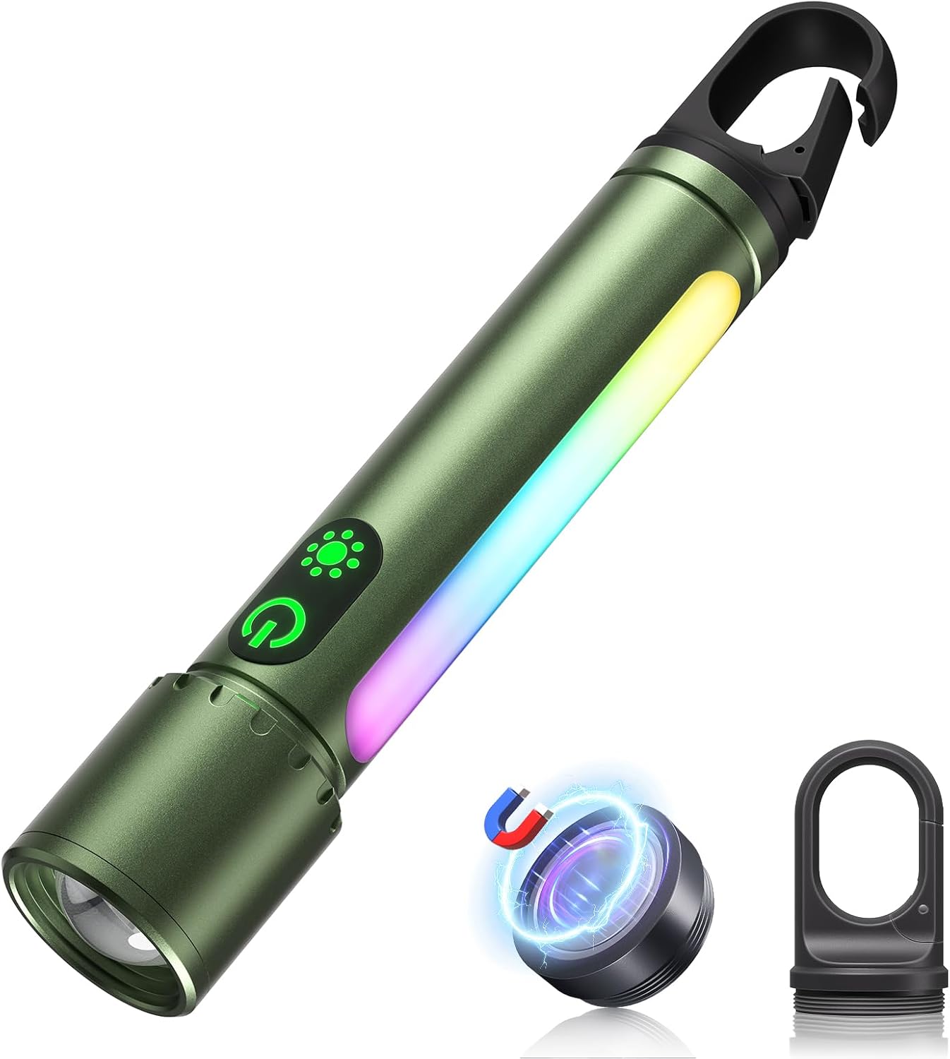 ADDplus Magnetic Flashlight Rechargeable,2000LM 5000mAh Flashlights High Lumens with 18 Modes,Waterproof, Adjustable,Powerful Flash Light,Multi-Flashlights for Home,Car,Hiking,Camping(1, Green)
