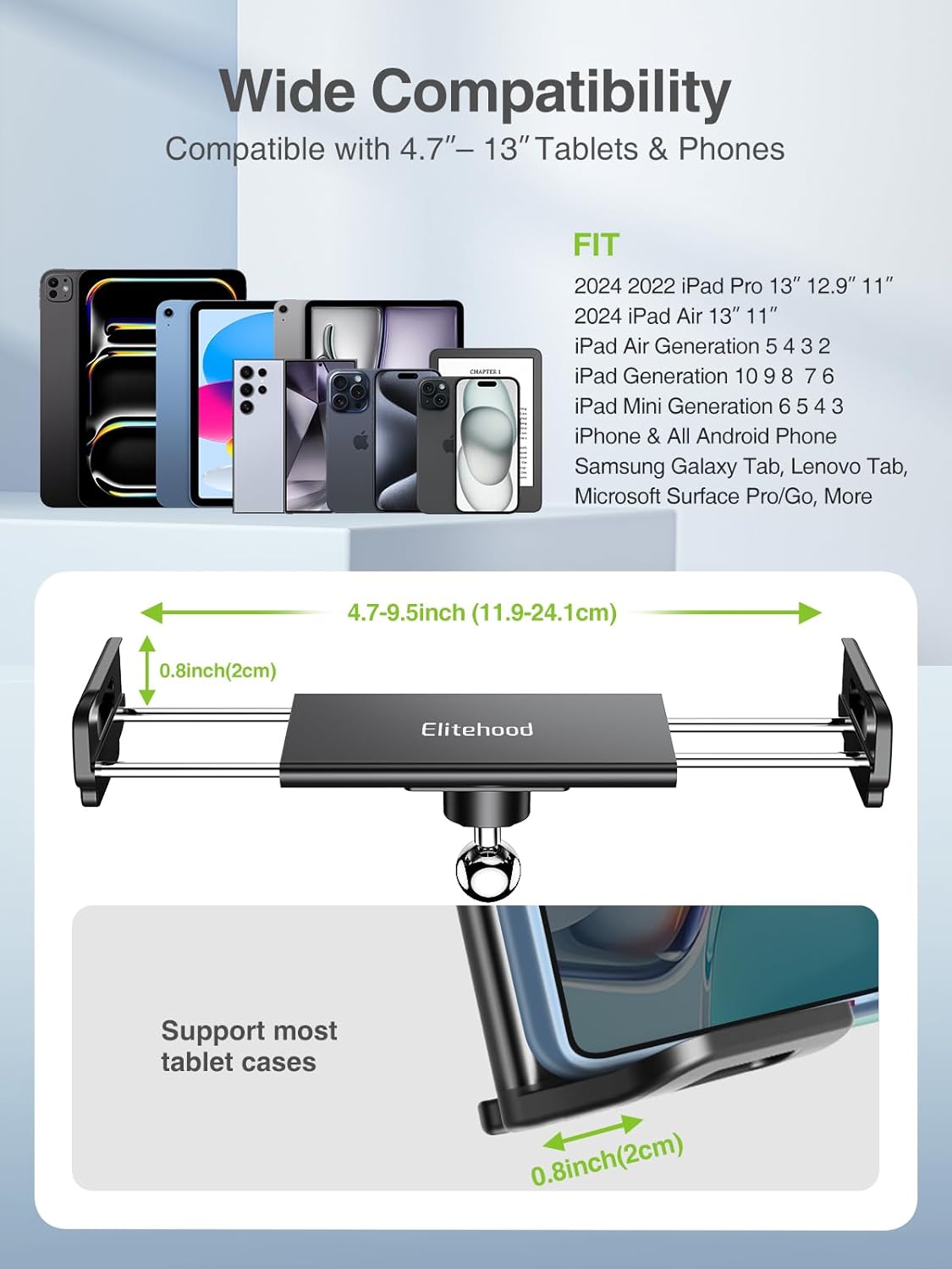 elitehood 8.5in Long Arm iPad Holder for Mic Stand, 360° Adjustable Aluminum Mic Stand Tablet Holder for Microphone & Stage Music, iPad Mount Compatible with 4-13in Tablets, iPhone and Phones - Image 4
