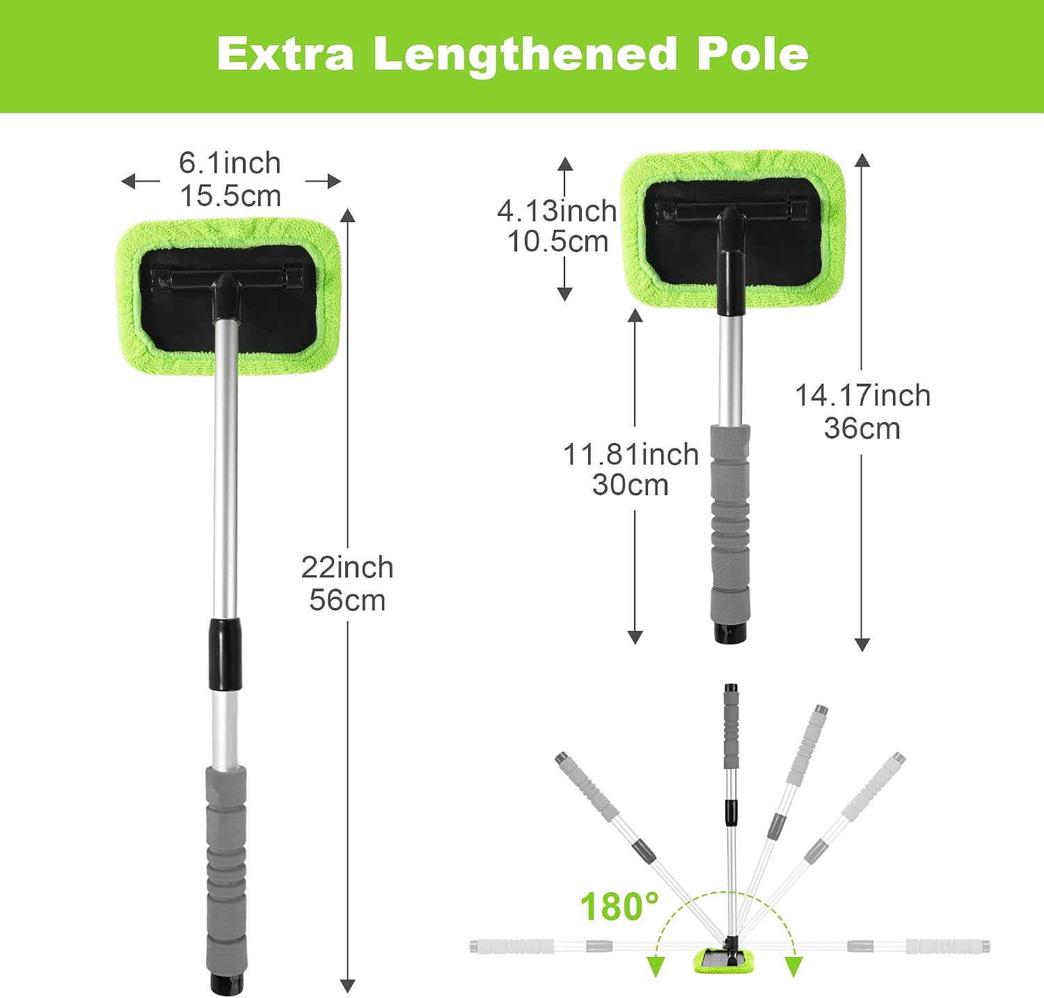 XINDELL Windshield Cleaner Tool – Car Window Cleaning Tool 22inch Extendable Long Handle for Easy Cleaning, 9pcs Reusable Microfiber Pads, Streak-Free Interior & Exterior Auto Glass Cleaner (Green) - Image 2
