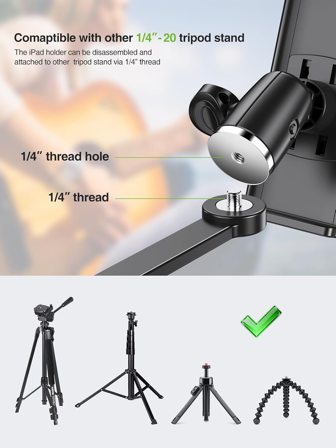 elitehood 8.5in Long Arm iPad Holder for Mic Stand, 360° Adjustable Aluminum Mic Stand Tablet Holder for Microphone & Stage Music, iPad Mount Compatible with 4-13in Tablets, iPhone and Phones - Image 7