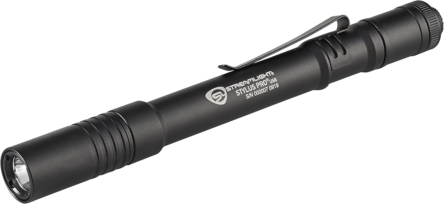 Streamlight 66134 Stylus Pro USB 350-Lumen Rechargeable White LED Pen Light for Inspectors, Law Enforcement, and Everyday Use with USB Cable, and Nylon Holster, Black
