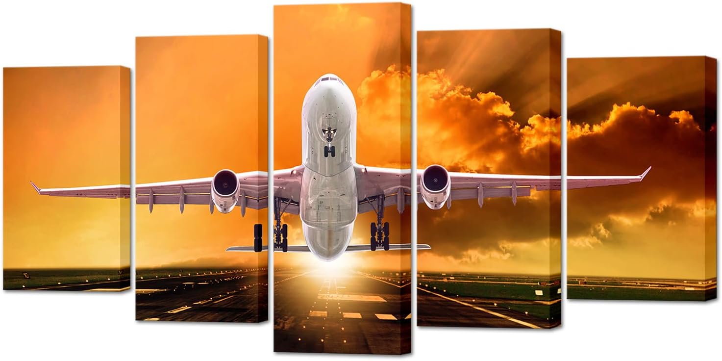Muzenso 5 Panel Canvas Prints Airplane Sunset Wall Art Passenger Jet Taking Off Canvas Painting Aviation Artwork for Living Room Bedroom Office Pilot Studio Home Decor Stretched Ready to Hang