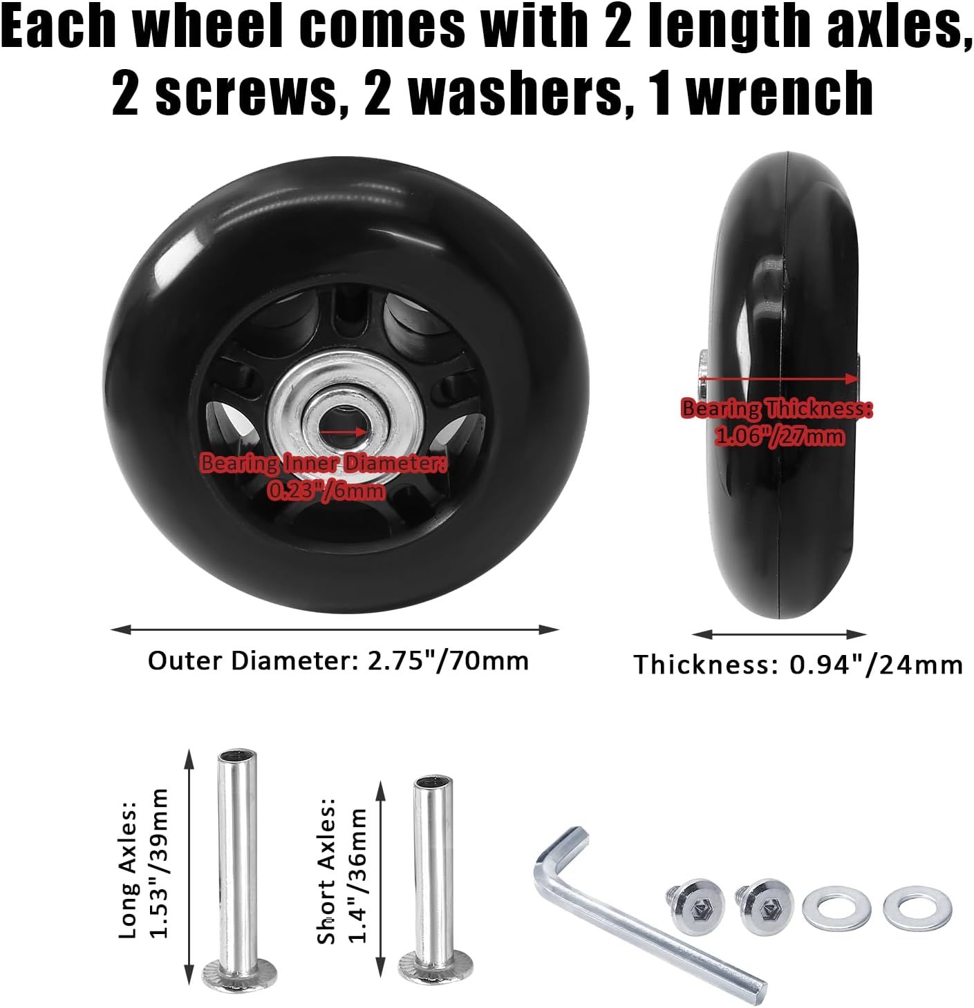 2pcs 70 x 24mm Luggage Wheels Replacement, Black Rubber Suitcase Wheels Replacement Repair Kit, Smooth Luggage Replacement Parts for Carry-on Roller Bag, Suitcase Bag, Trolley Bag - Image 2