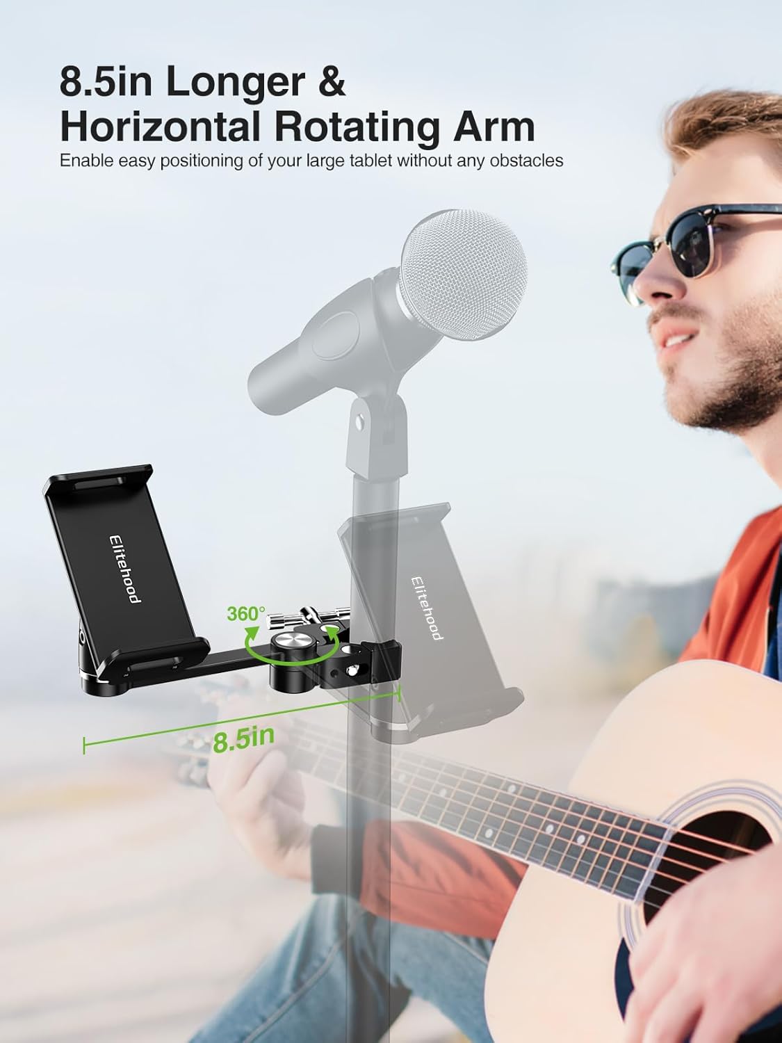 elitehood 8.5in Long Arm iPad Holder for Mic Stand, 360° Adjustable Aluminum Mic Stand Tablet Holder for Microphone & Stage Music, iPad Mount Compatible with 4-13in Tablets, iPhone and Phones - Image 2