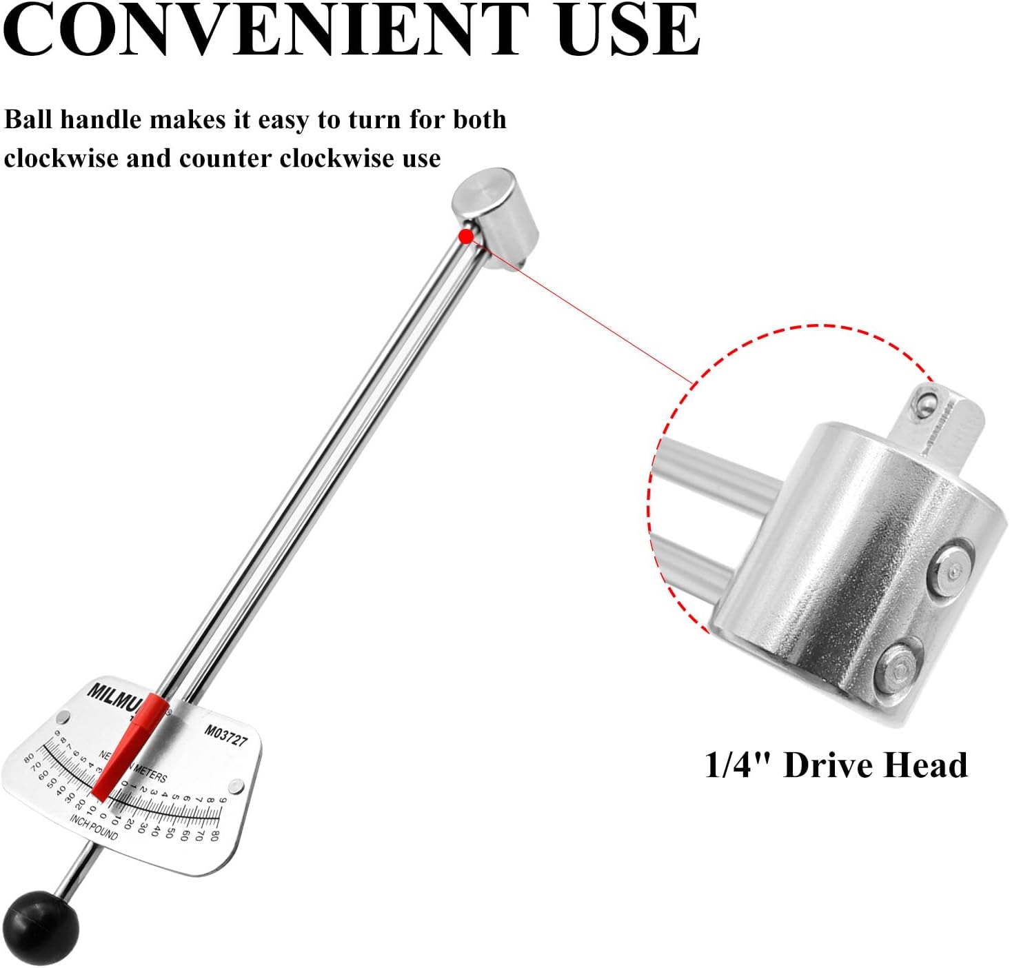 MILMUMU 1/4" Drive Beam Torque Wrench Precision Instrument-Compatible with SAE and MM Bicycle and Automotive Wrench -0-80 Inch-Pounds, 0-9 Newton Meters - Image 3