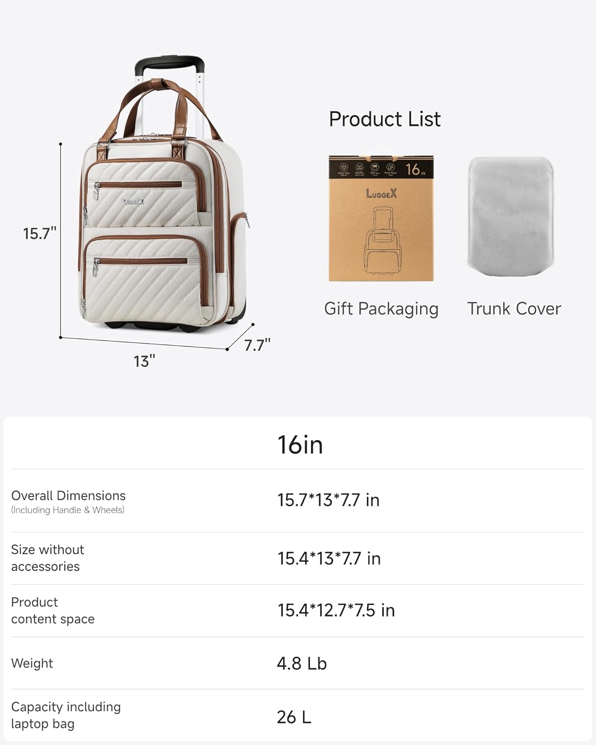 LUGGEX Underseat Carry On Luggage with Wheels, UDK Stylish Lightweight Under Seat Luggage, Soft Sided Personal Item Suitcase for Short Trip (UX-Core, Cream White, 16 Inch) - Image 7