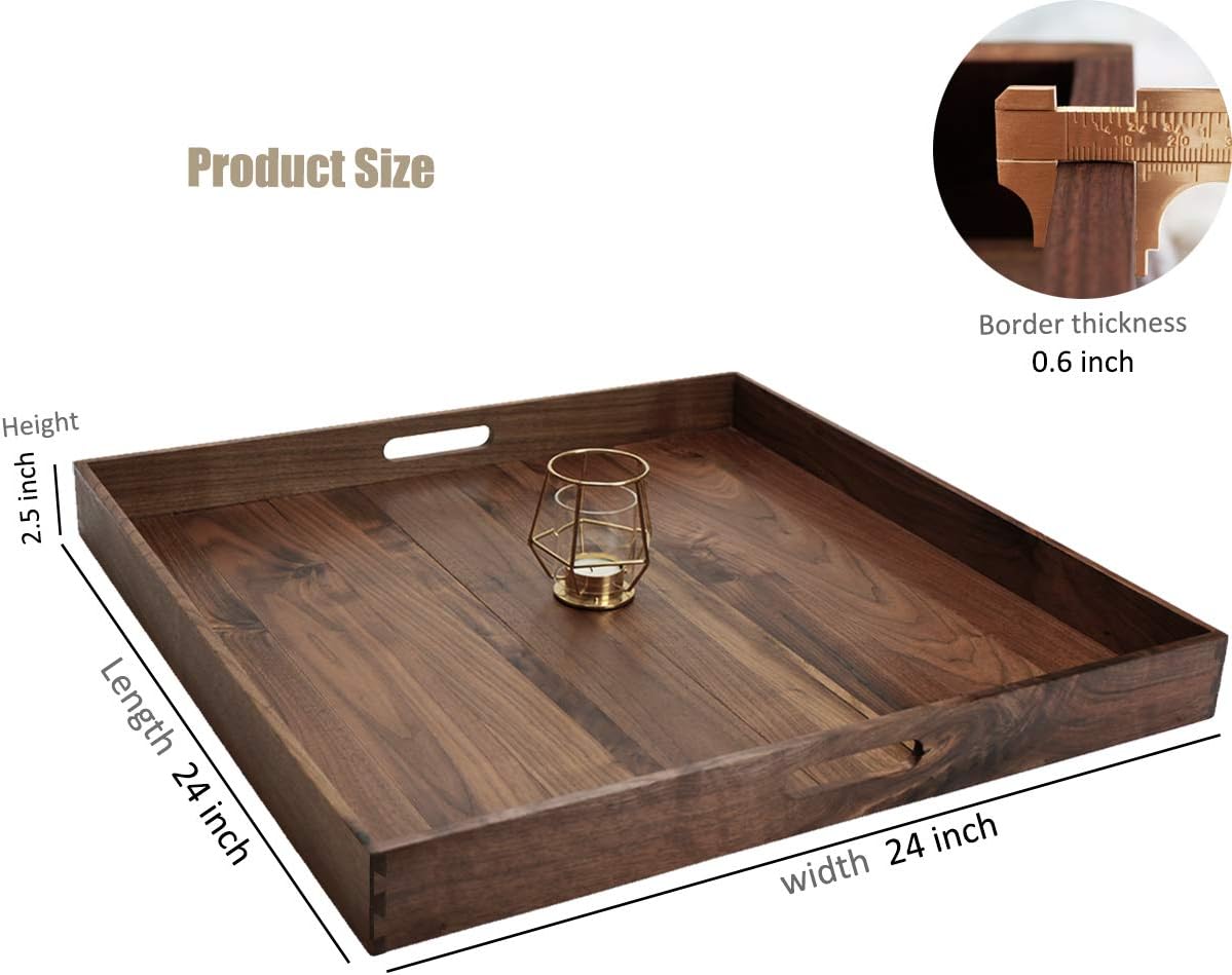 24 x 24 Inches Extra Large Square Black Walnut Wood Ottoman Tray with Handles, Serve Tea, Coffee or Breakfast in Bed, Classic Wooden Decorative Serving Tray - Image 2