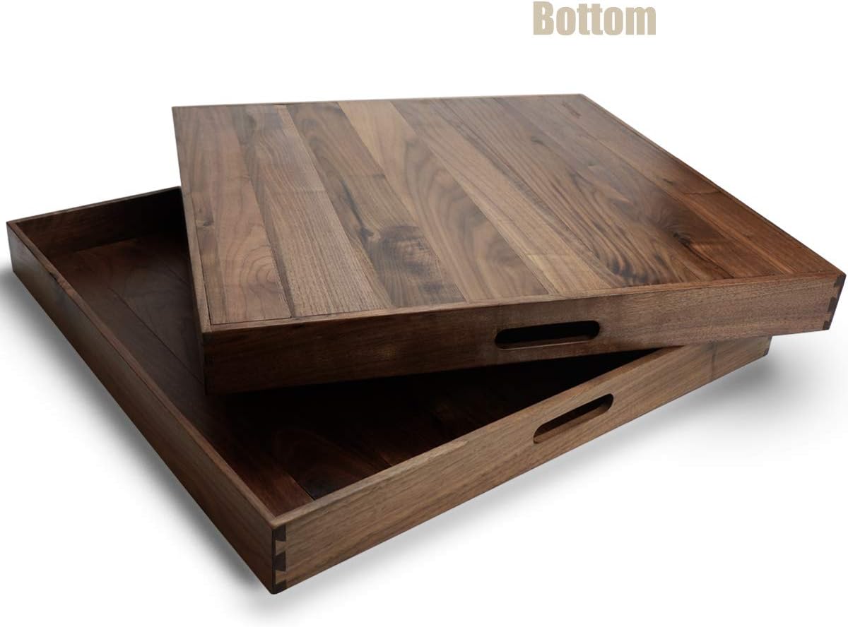 24 x 24 Inches Extra Large Square Black Walnut Wood Ottoman Tray with Handles, Serve Tea, Coffee or Breakfast in Bed, Classic Wooden Decorative Serving Tray - Image 4