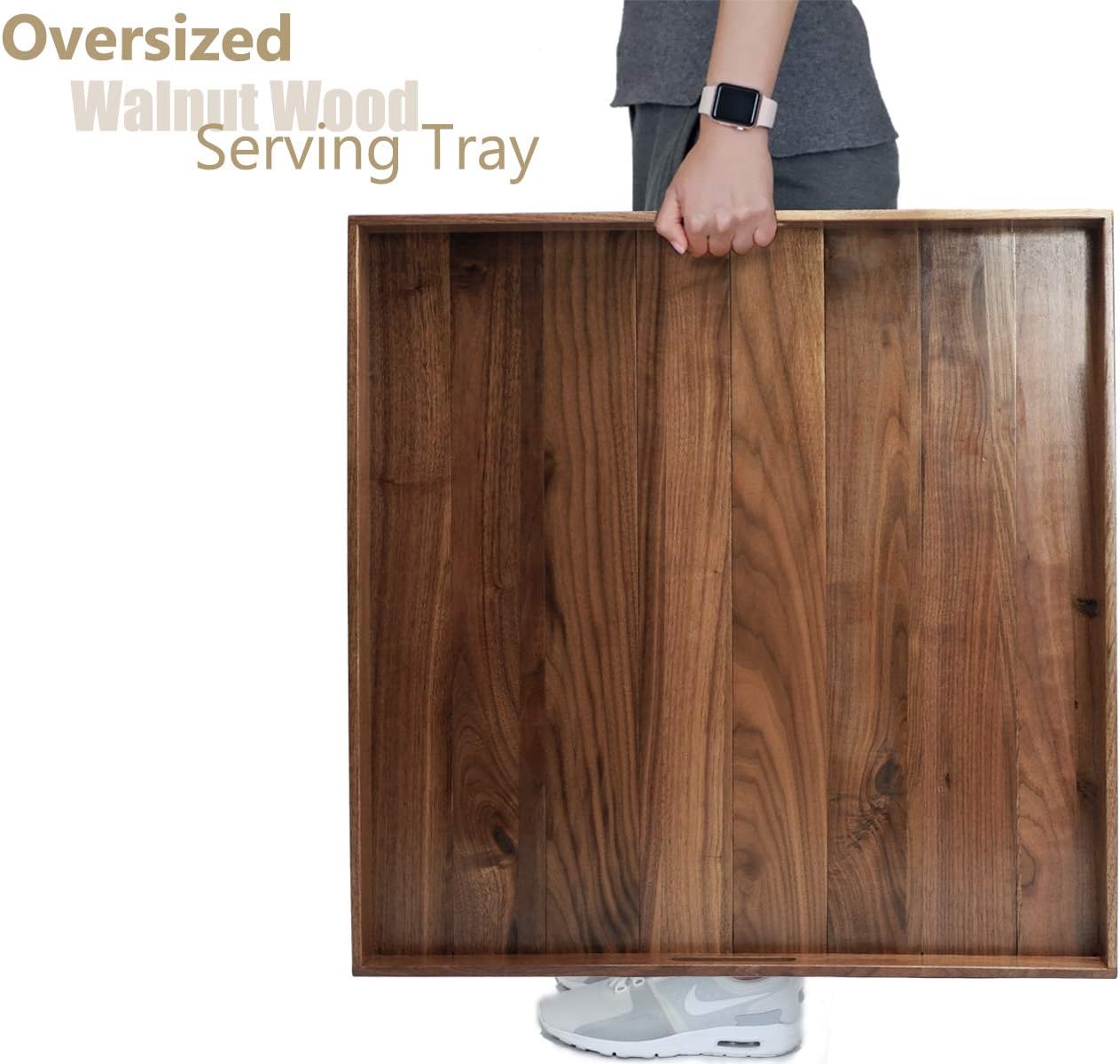 24 x 24 Inches Extra Large Square Black Walnut Wood Ottoman Tray with Handles, Serve Tea, Coffee or Breakfast in Bed, Classic Wooden Decorative Serving Tray - Image 6