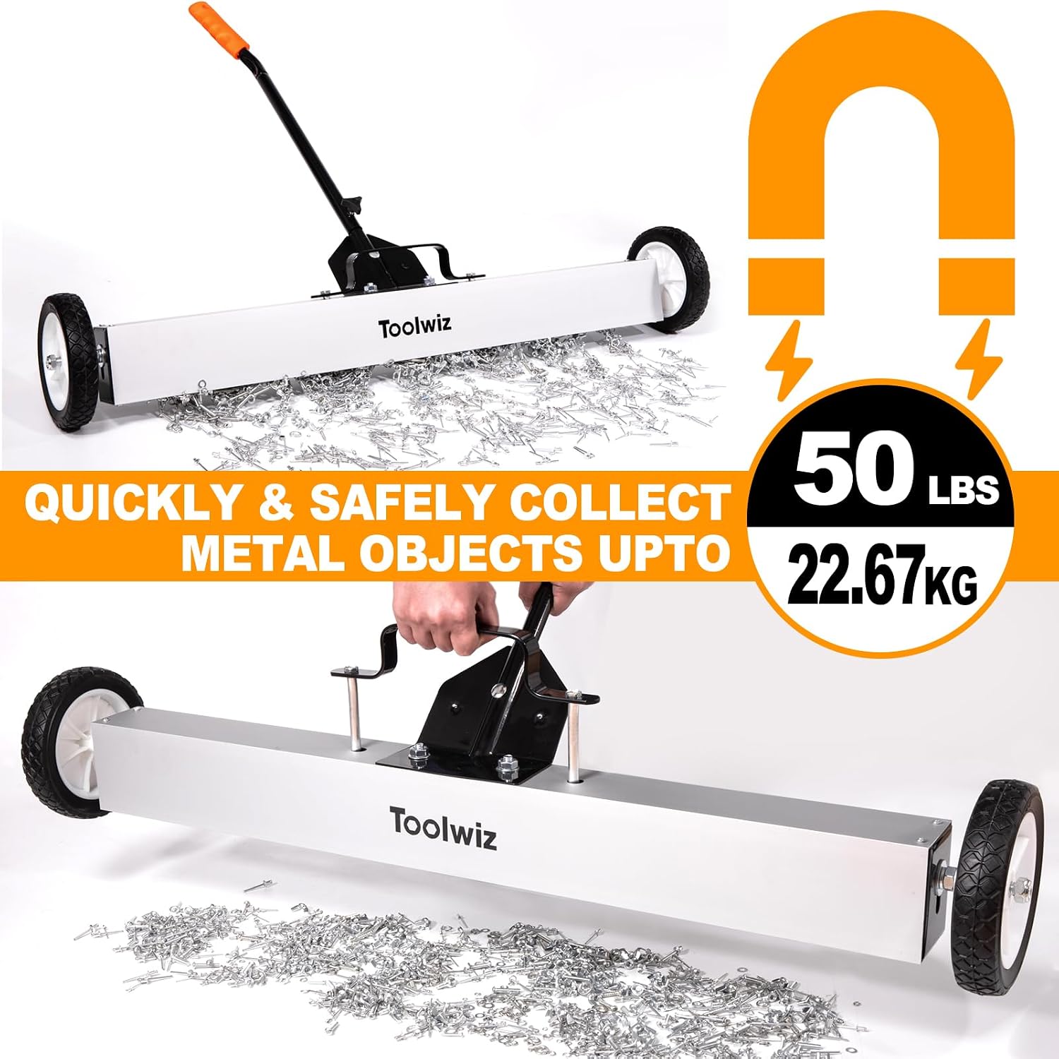 Toolwiz 36'' Magnetic Sweeper with Wheels, 50 Lbs Capacity Rolling Magnetic Floor Sweeper with Telescoping Holder and Quick Release Latch Industrial Heavy Duty Metal Pick Up 36 Inches - Image 4