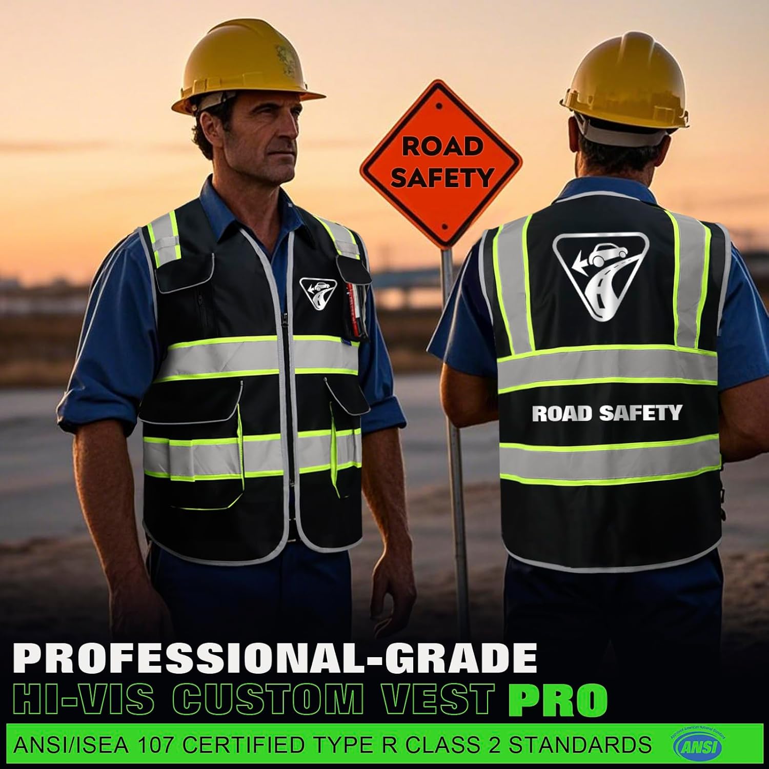 BeautyWill ANSI Certified Custom Logo Safety Vest 8-Pockets Class2 High Visibility Reflective Vest for Men - Personalized Logo Heavy-Duty Work Vest(Black,L) - Image 5