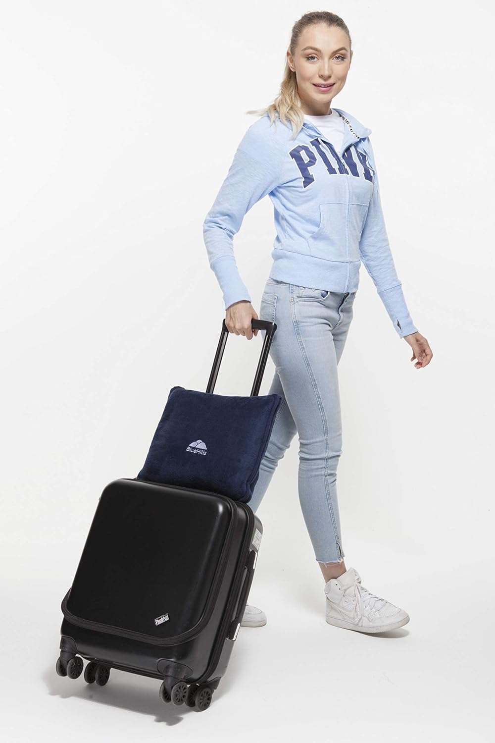 BlueHills Premium Soft Long Travel Blanket Pillow for Tall Airplane Flight Blanket Throw Luggage Belt & Backpack Clip Compact Packable Car Large 2 in 1 Combo Warm Gifts Navy Blue T051 - Image 7