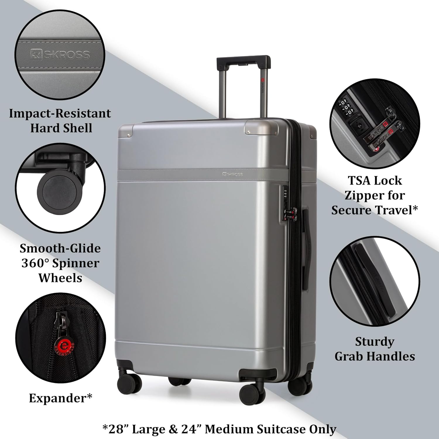 SKROSS Apex 3 Piece Hardside Luggage Set: 28 Inch Large Suitcase, 24 Inch Medium Checked Travel Luggage & 20 Inch Carry On Luggage. Hardshell Suitcases with Spinner Wheels (Silver) - Image 4