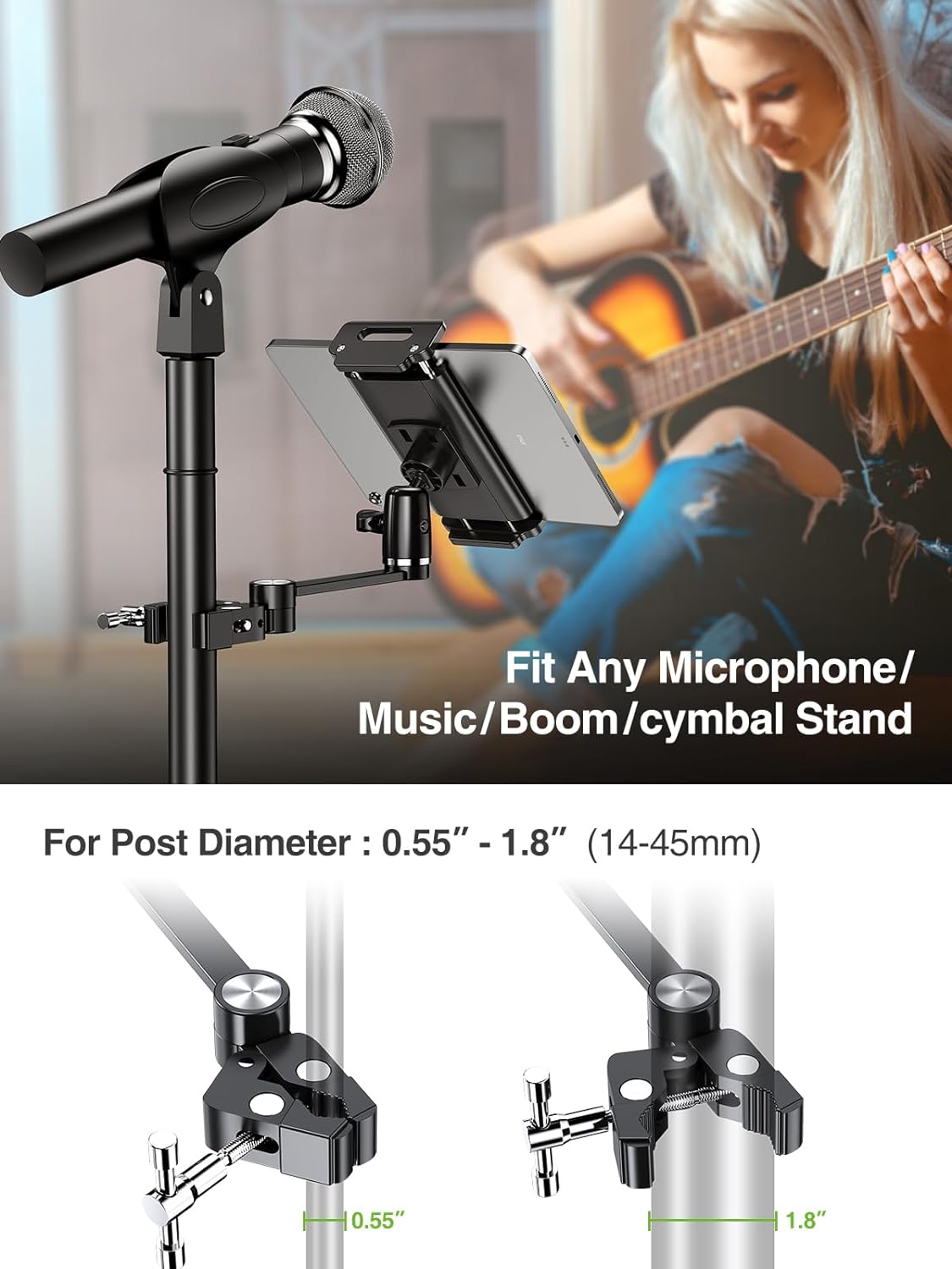 elitehood 8.5in Long Arm iPad Holder for Mic Stand, 360° Adjustable Aluminum Mic Stand Tablet Holder for Microphone & Stage Music, iPad Mount Compatible with 4-13in Tablets, iPhone and Phones - Image 5