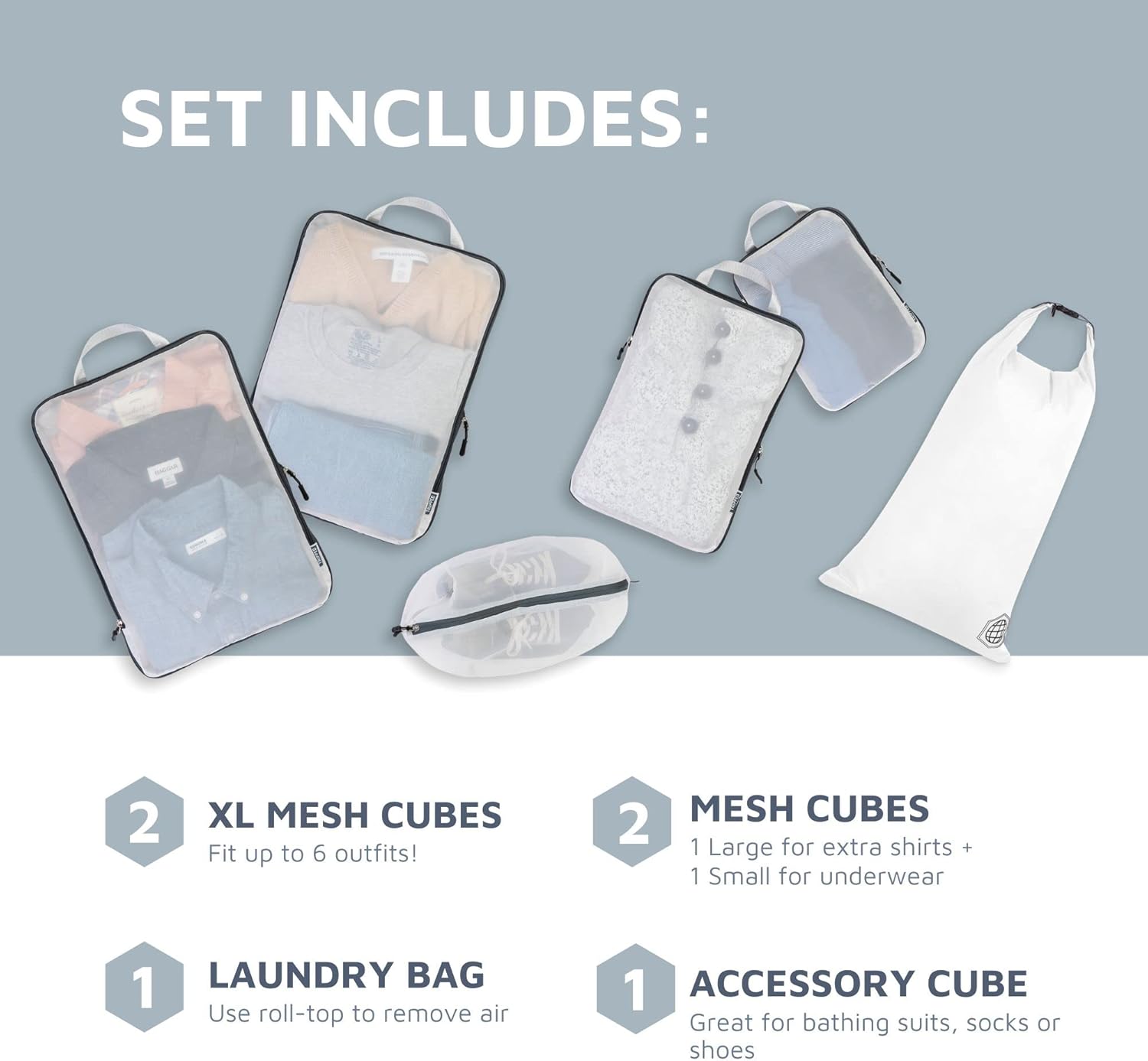 Large Packing Cube Set with See Through Mesh- Compression Packing Cubes Travel Organizers by TRIPPED Travel Gear (White) - Image 2