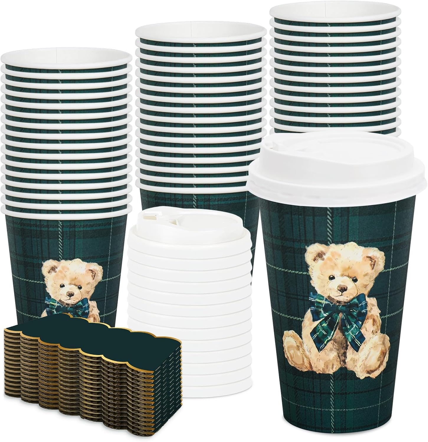 Whaline 50 Sets Tartan Bear Coffee Cups with Lids Sleeves 16 oz We Can Bearly Wait Party Cup Vintage Green Blue Plaids Disposable To Go Cups for Baby Shower Birthday Beverage Hot Chocolate