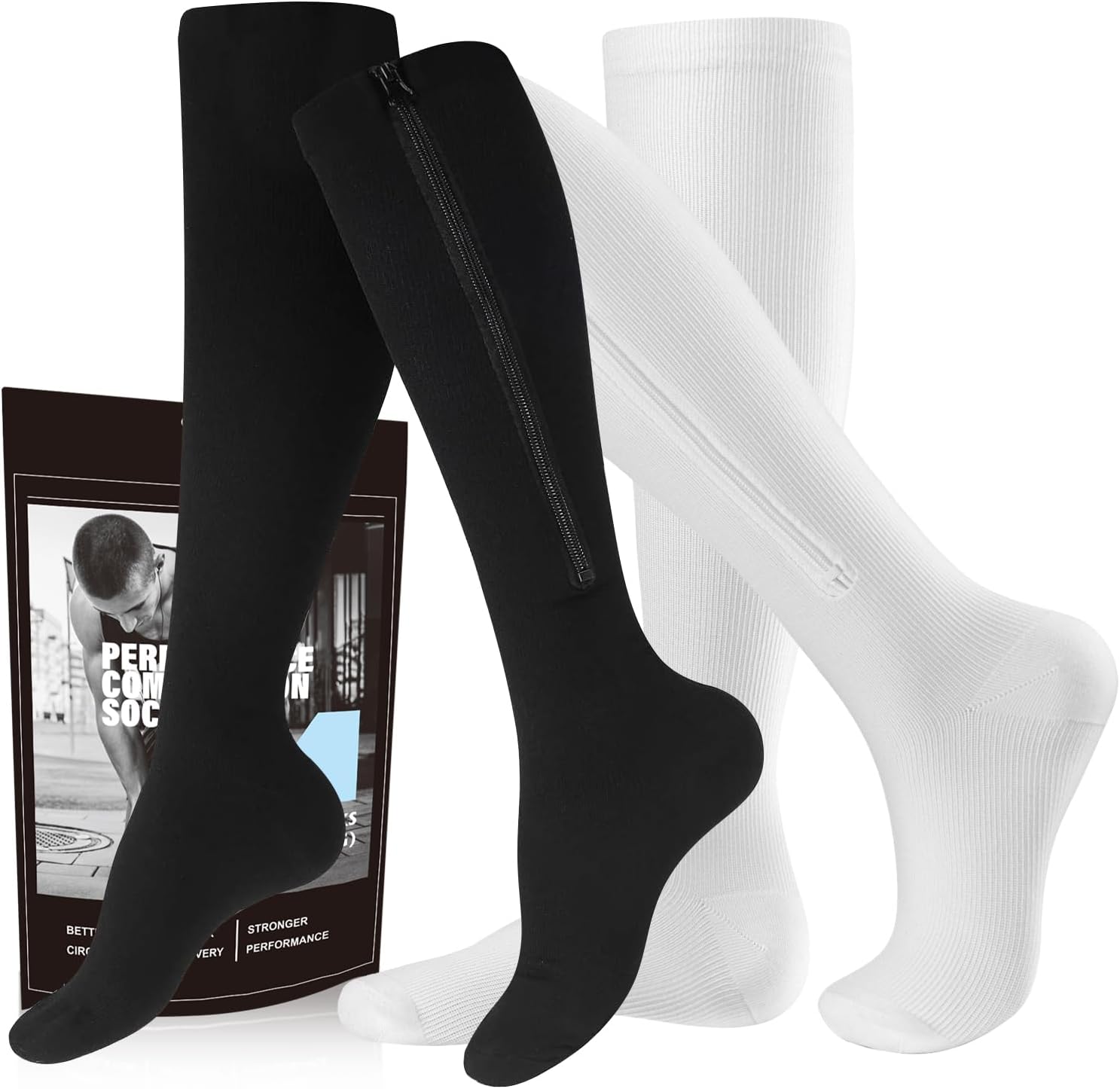 cerpite Zipper Compression Socks, 2 Pairs 15-20 mmHg Closed Toe Compression Stockings for Men Women