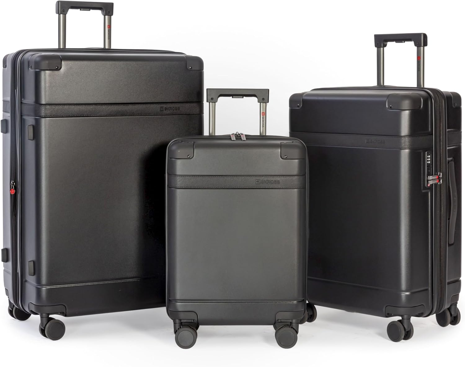 SKROSS Apex 3 Piece Hardside Luggage Set: 28 Inch Large Suitcase, 24 Inch Medium Checked Travel Luggage & 20 Inch Carry On Luggage. Hardshell Suitcases with Spinner Wheels (Black)