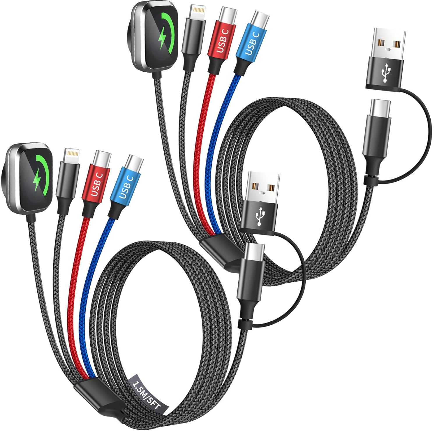 Travel Essentials 4IN2 USB C Cable for Apple Watch Charger/iPhone 17, 5FT | Dual Type-C Ports Multi Charging Cable, iWatch Charger For iWatch Ultra/SE/11-2, iPhones, Carplay, Travel iPhone Charger