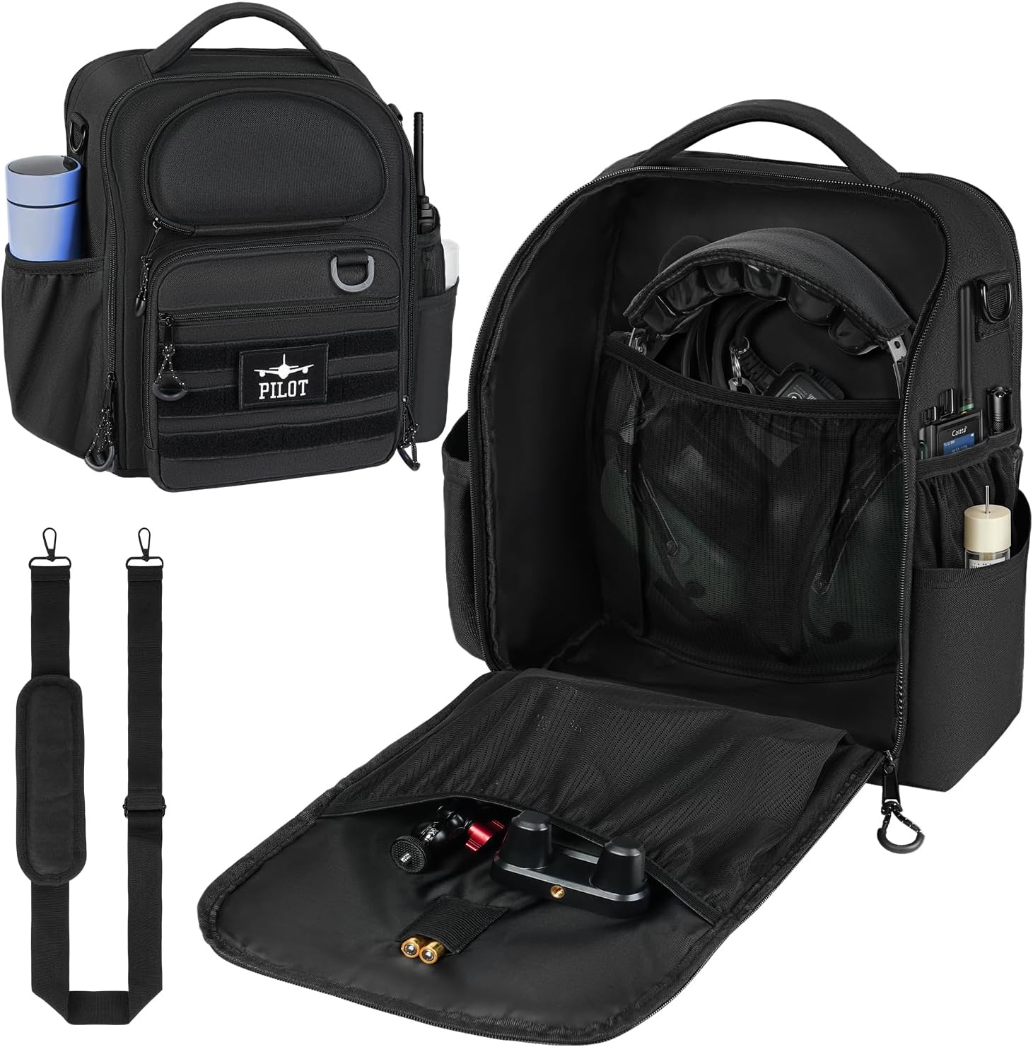 Pilot Bag,Aviation Headset Bag,Flight Bags for Pilots, Multiple Pockets for 15" Laptop,Aviation Plotter,Glasses,Flight Computer,with Shoulder Strap,Gift for Pilots (Black)